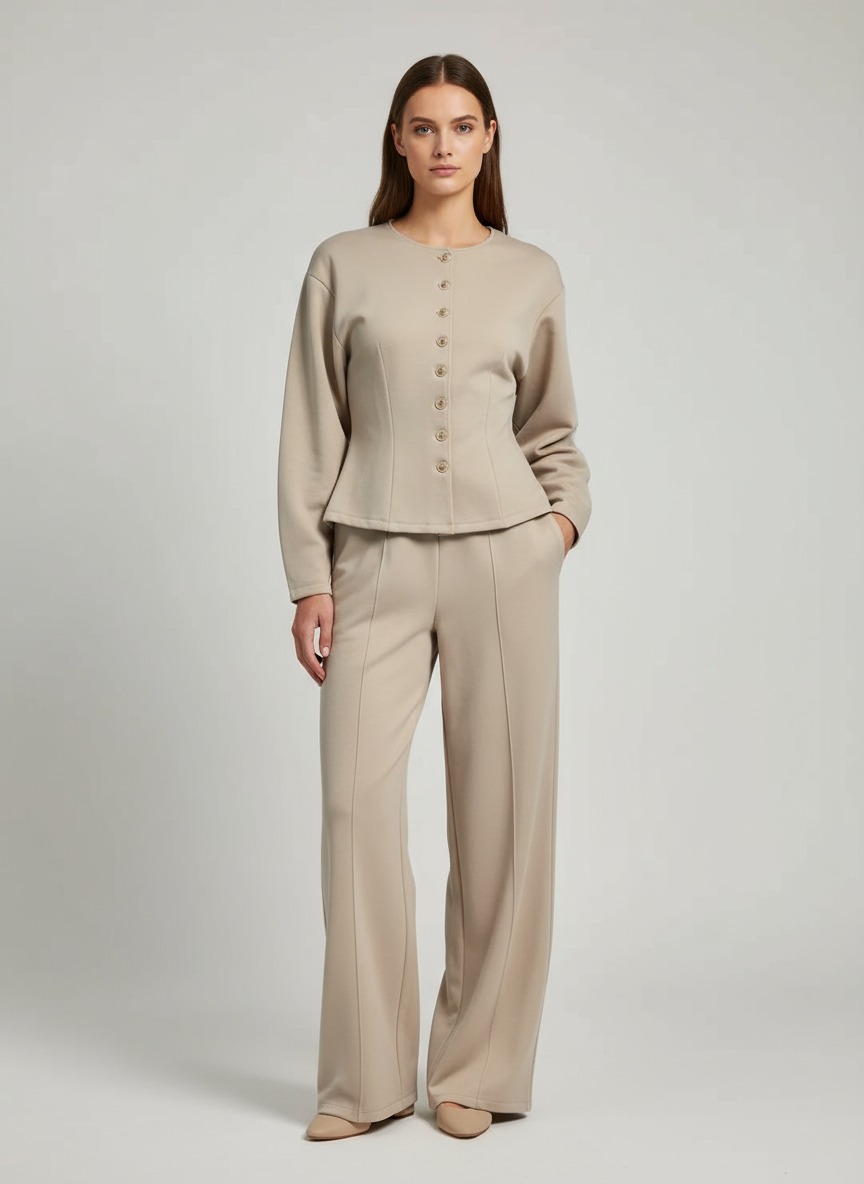 Pique scuba matching set with shaped button-front jacket