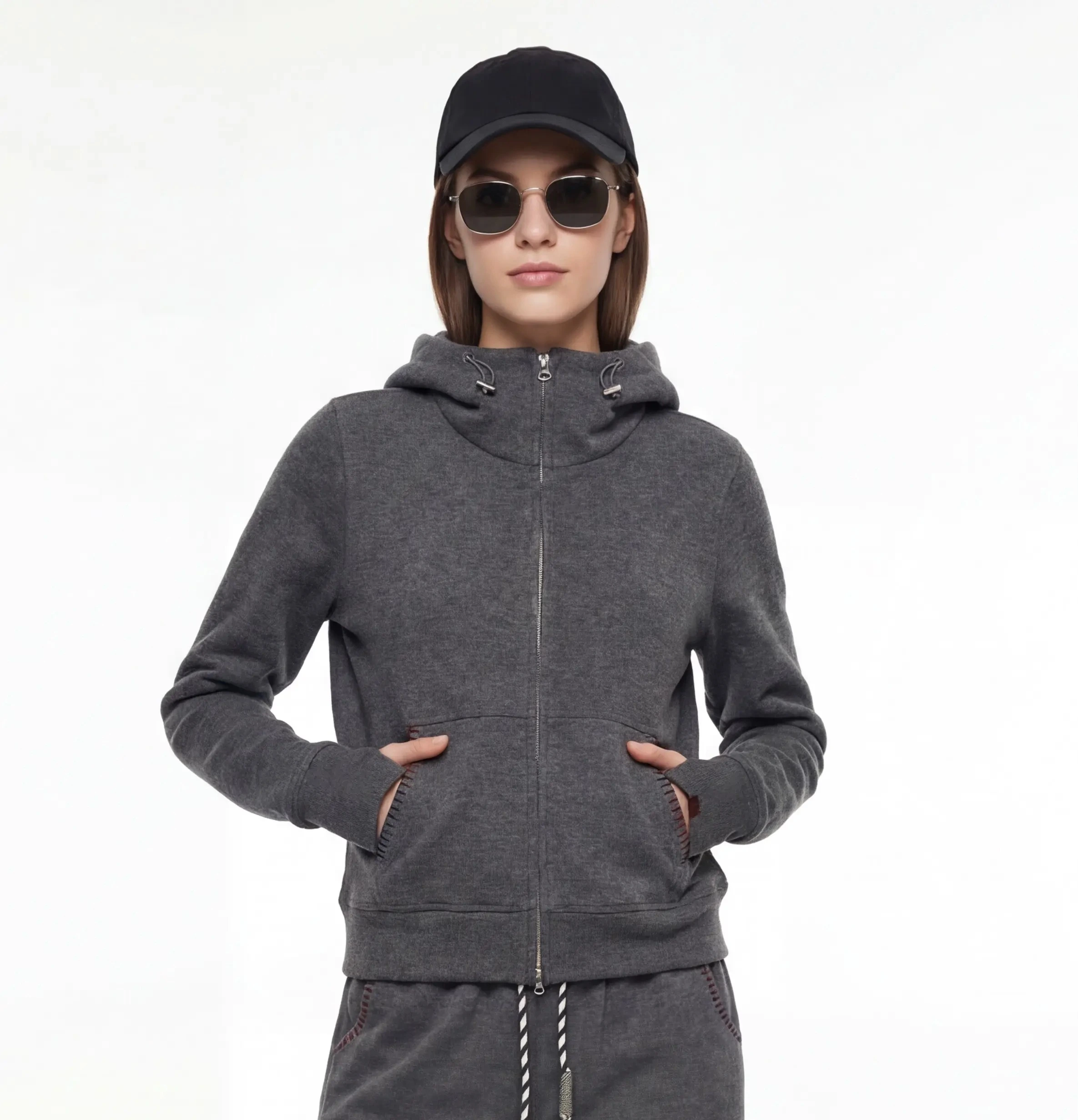 Cashmere-touch Hacci zip hoodie front model view