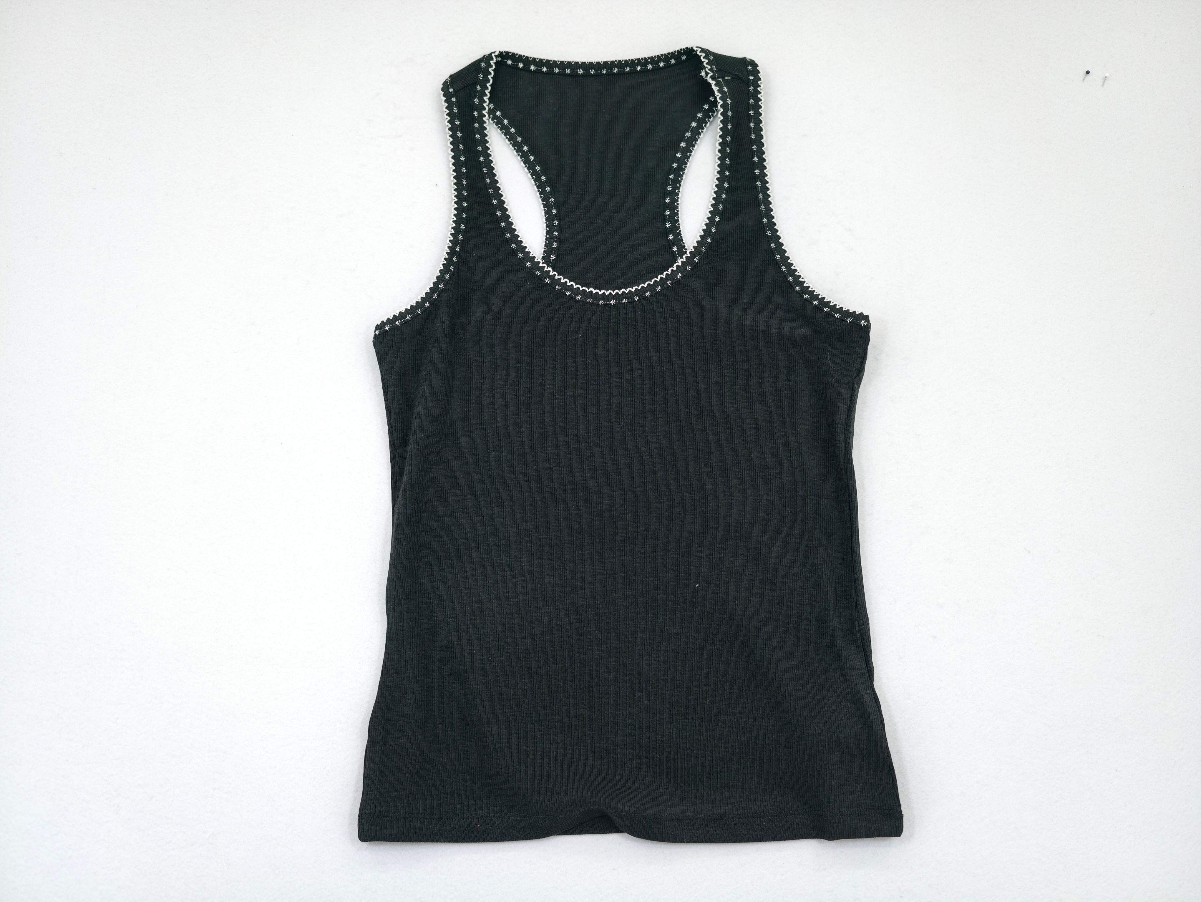 Black patterned-trim rib tank top laid flat front view