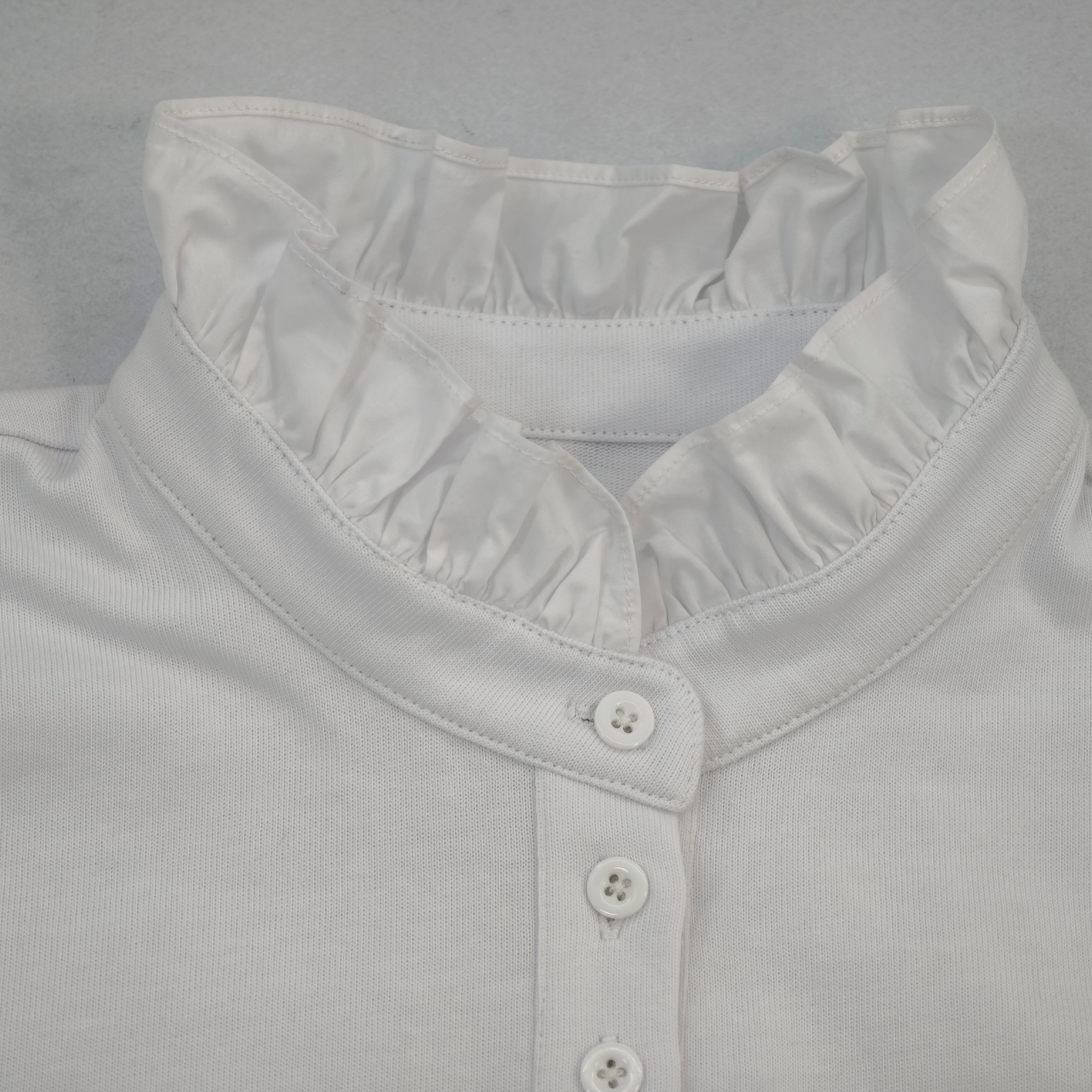 Ruffled neckline and button placket close-up for private label