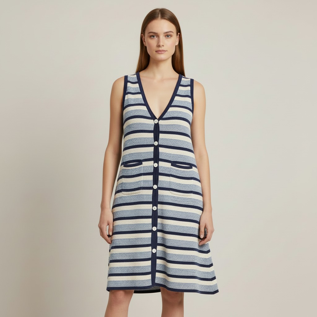 Striped button-front A-line dress on model