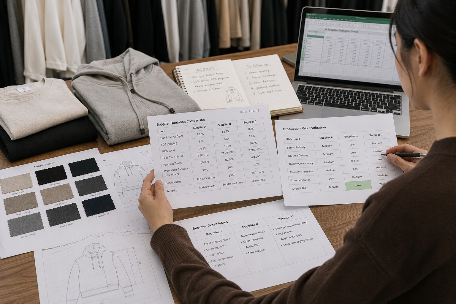 apparel buyer comparing supplier quotations and production risks