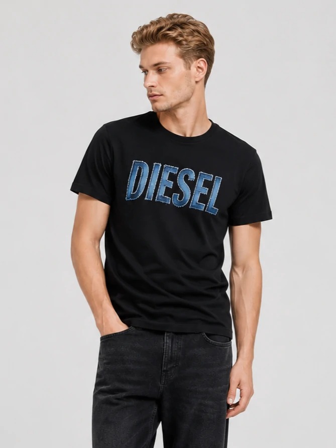 Black cotton appliqué T-shirt shown on male model
