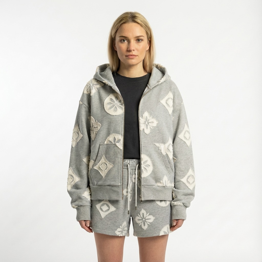 Laser burn-out bonded terry zip hoodie front model view