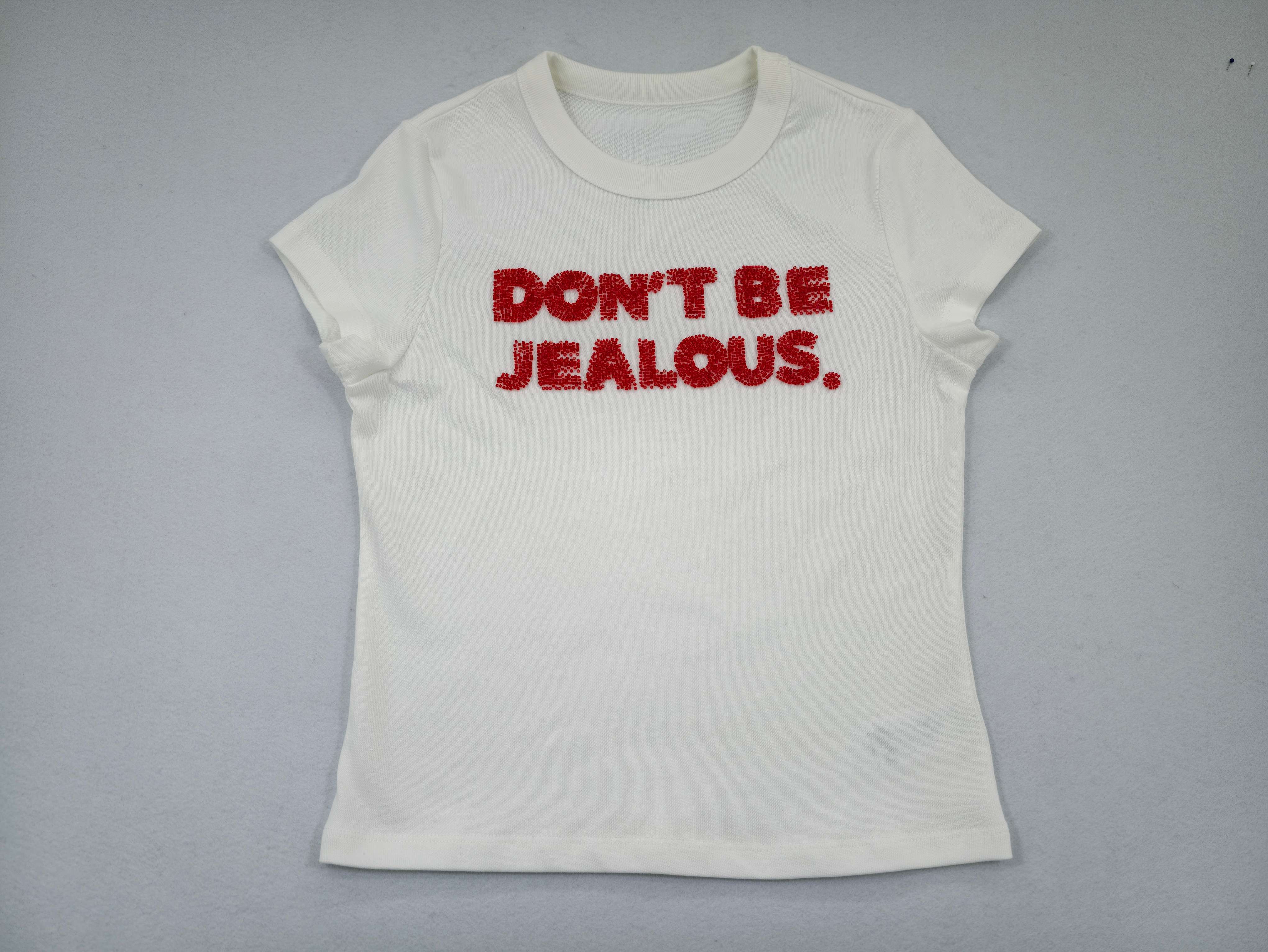 Women's beaded graphic crew neck fitted T-shirt front view
