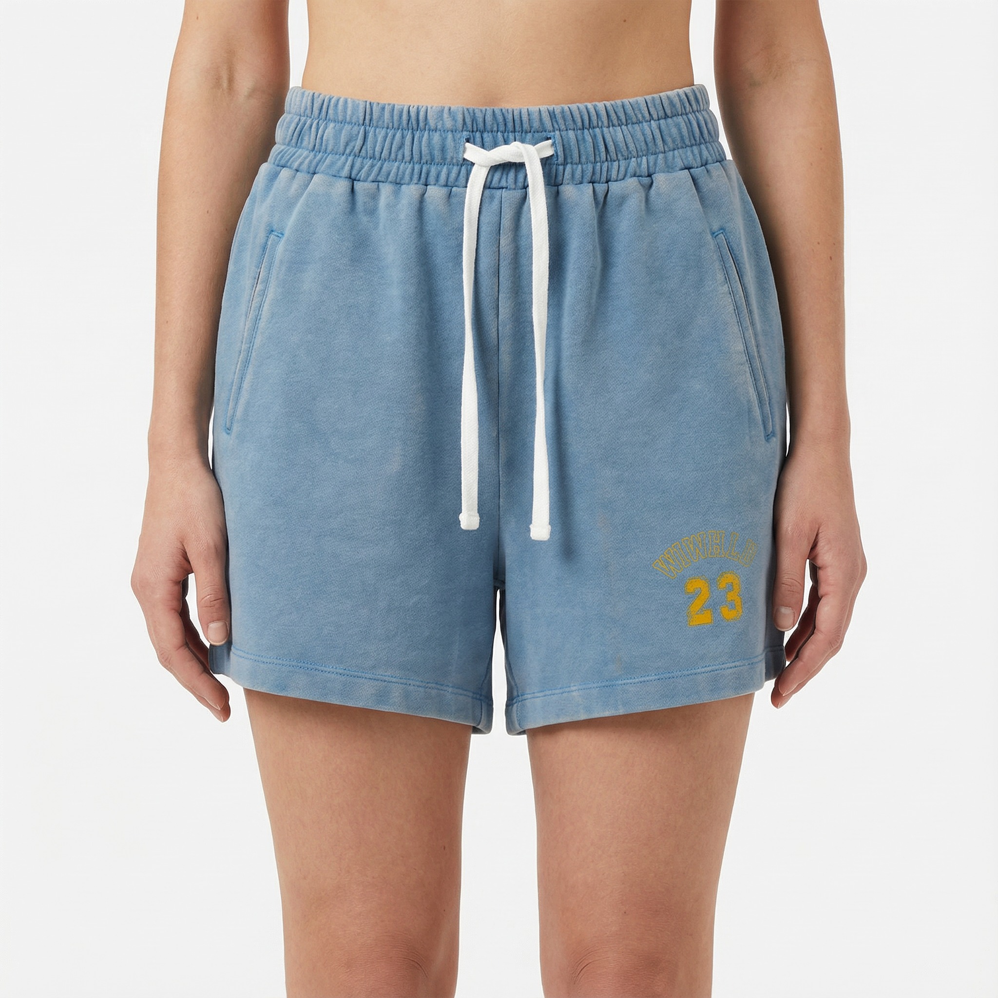 Peach-brushed snow-wash French terry shorts front model view