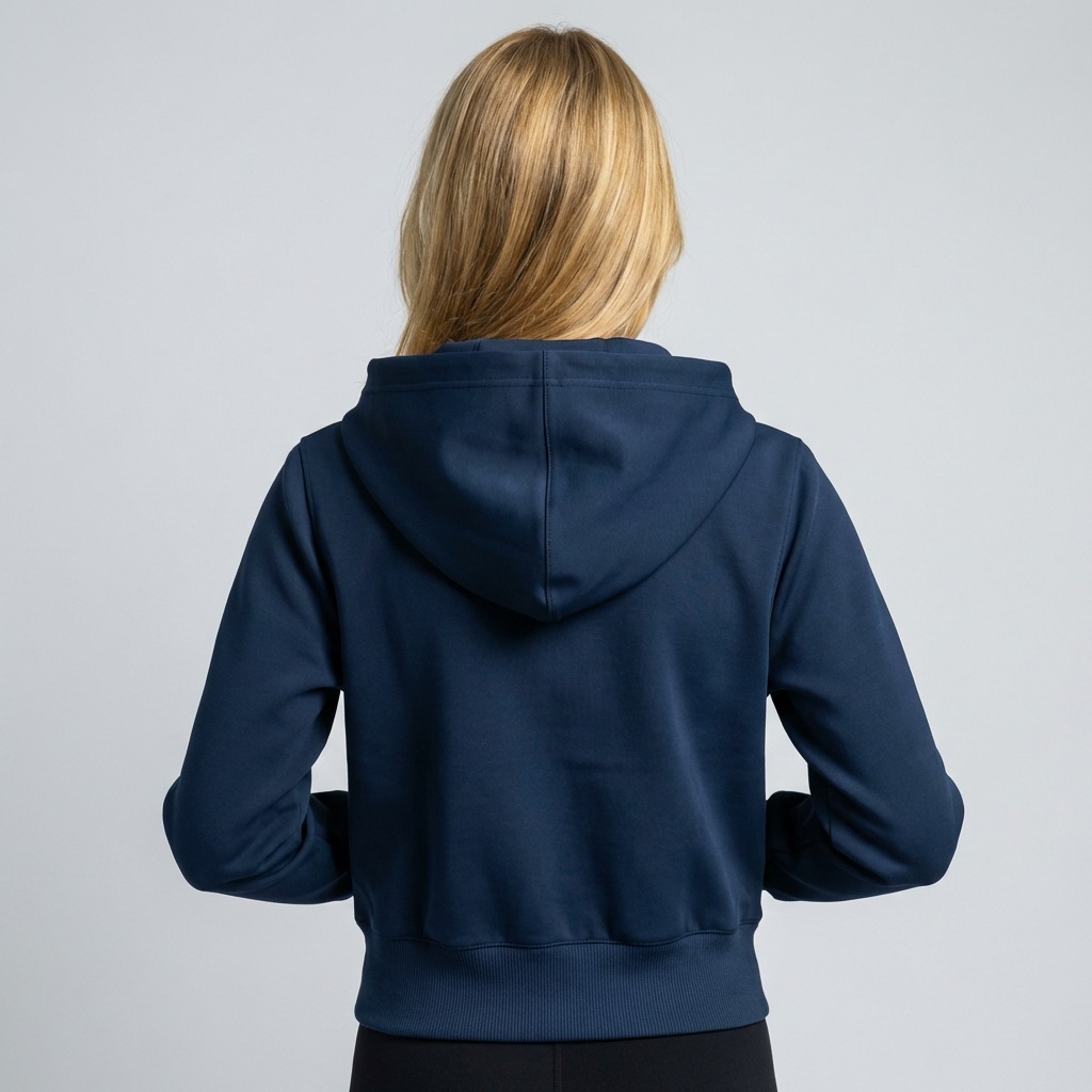 Back view with clean hood and ribbed hem