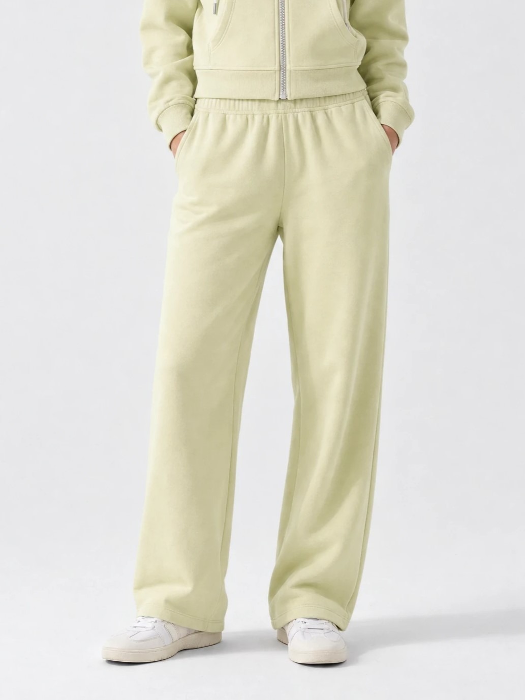 Women wearing pistachio modal wide-leg sweatpants