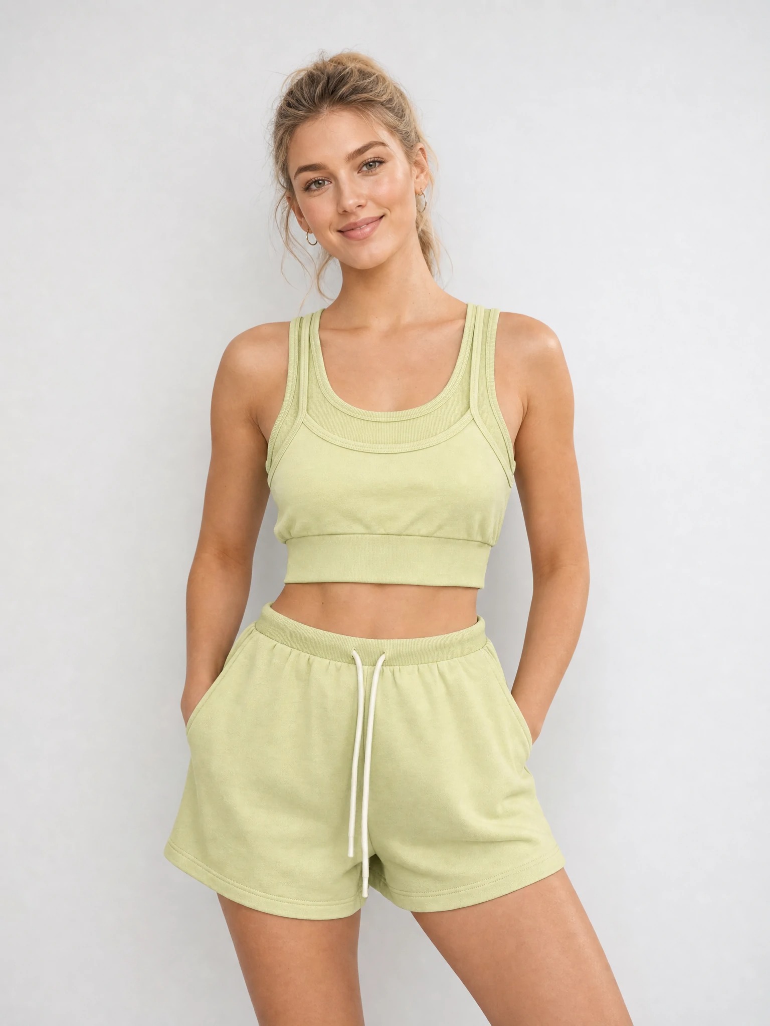 Women wearing pistachio modal cropped tank top