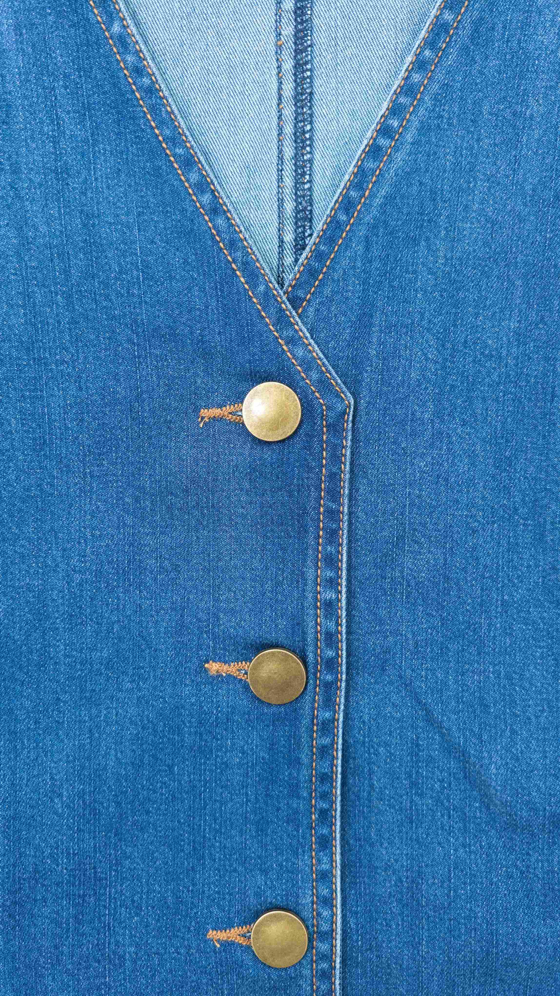 Metal button closure and contrast topstitching close-up