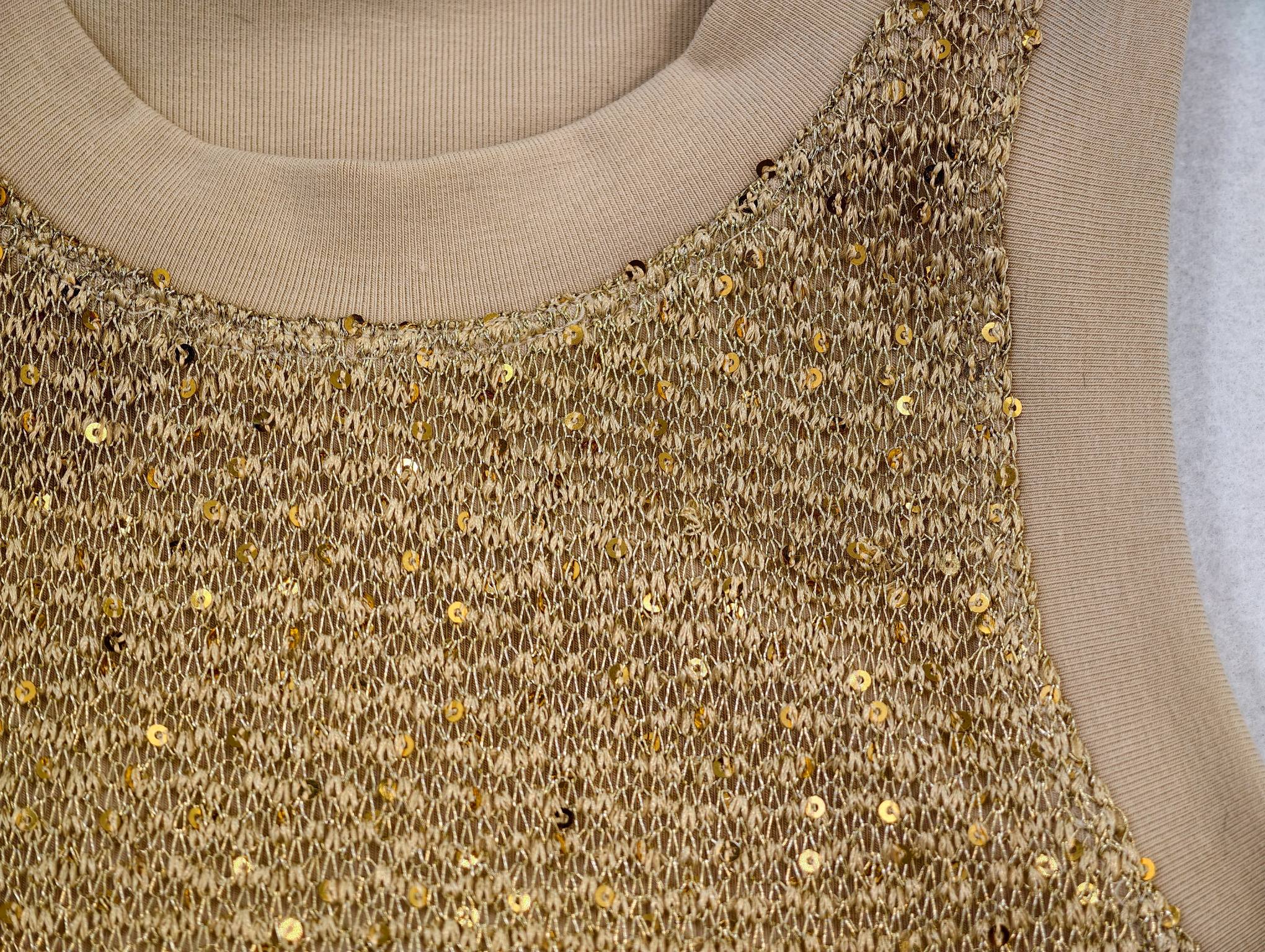 Metallic sequin front panel with ribbed neck binding