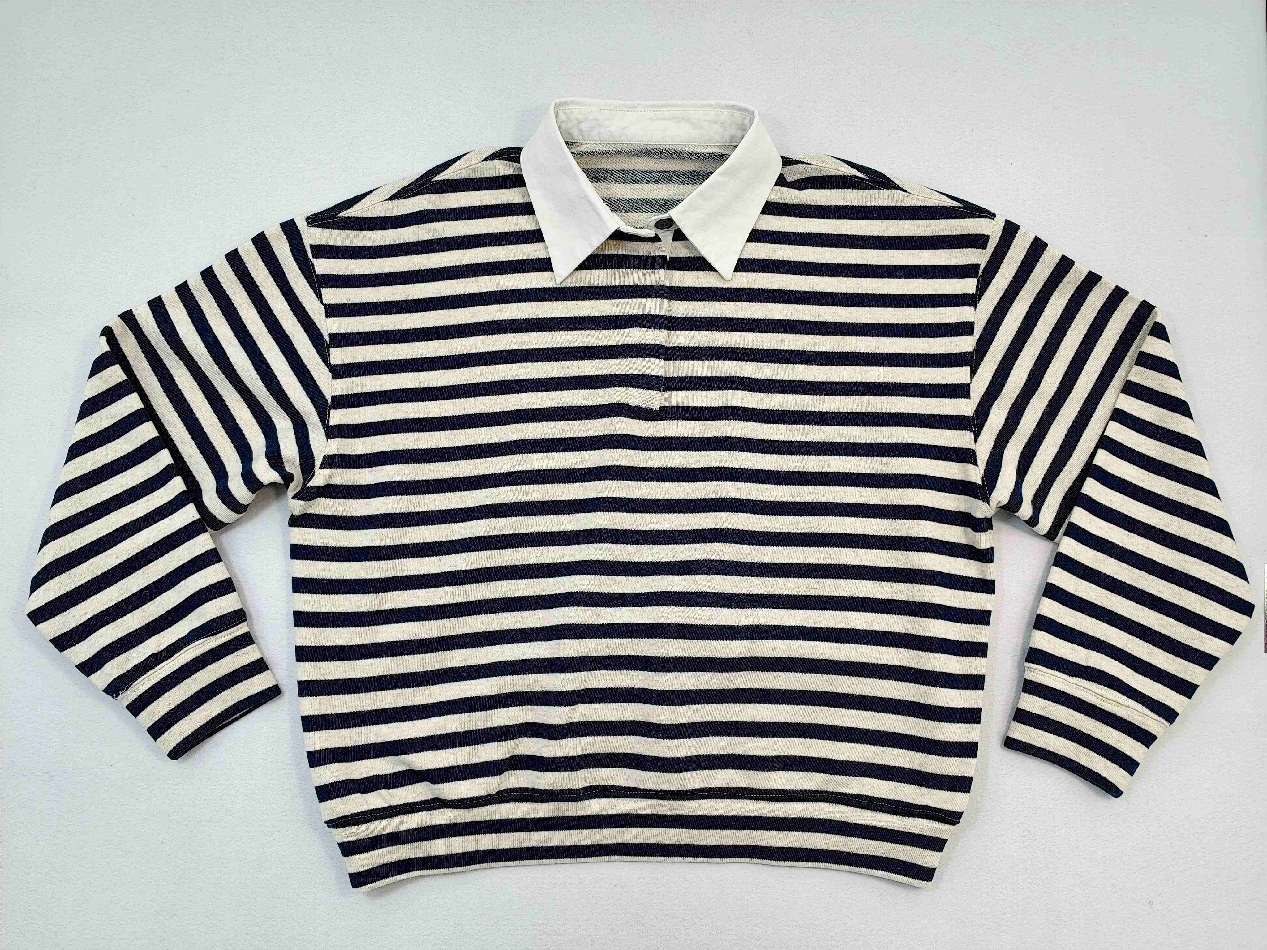 Striped rugby-collar sweatshirt front flat view for custom production