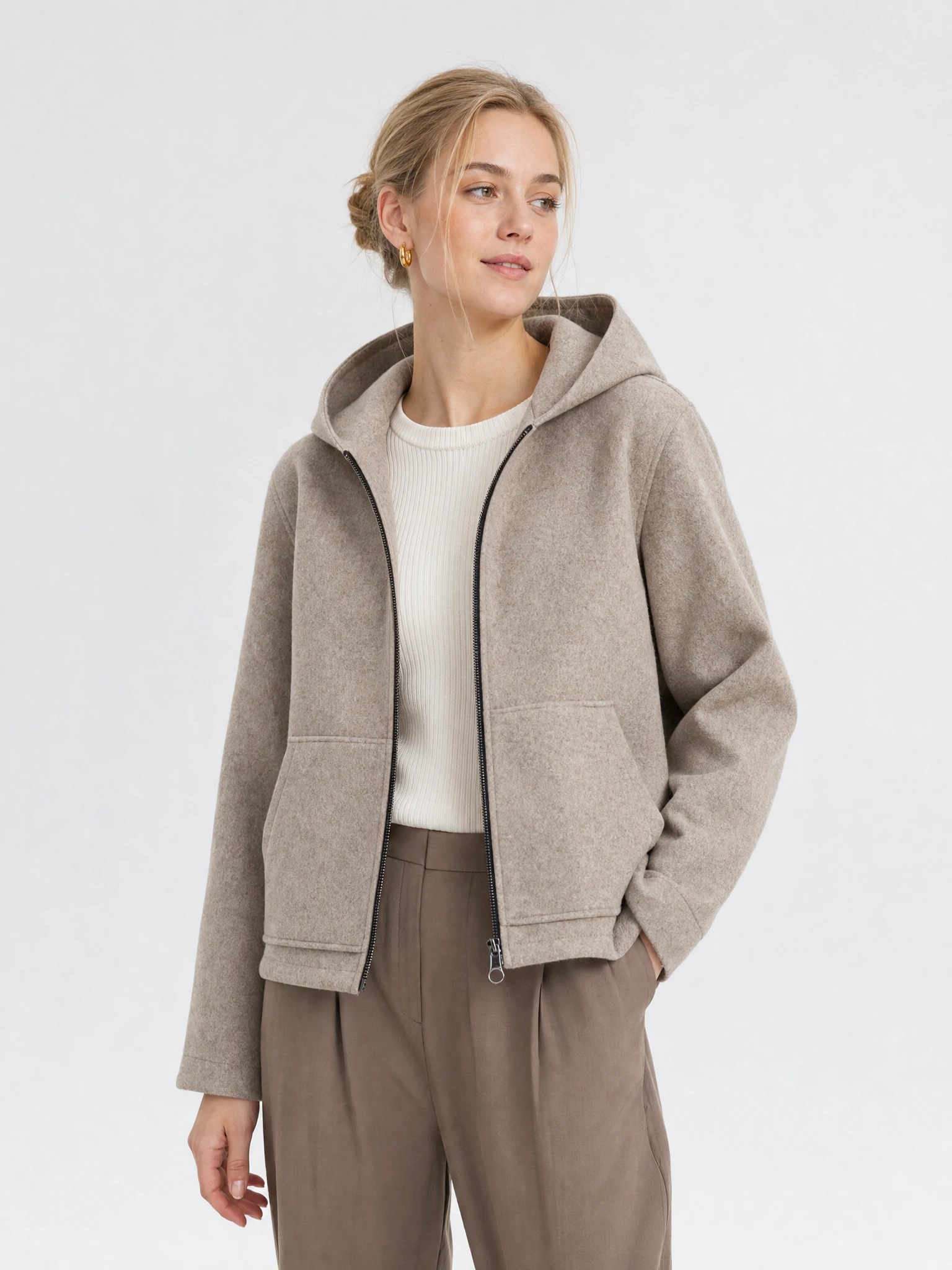 Woman wearing taupe brushed wool-blend zip hoodie
