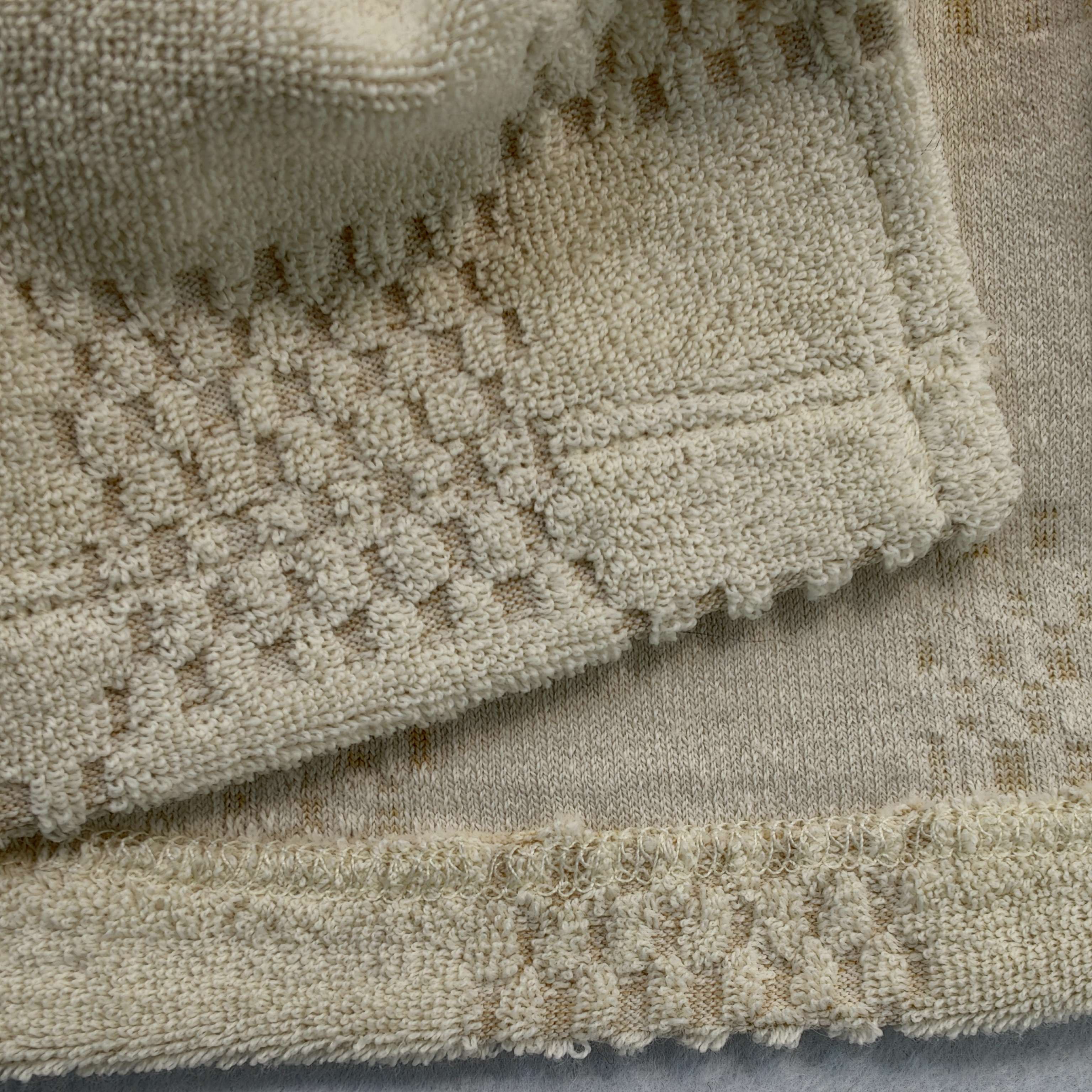 Cotton-nylon textured knit and hem finishing close-up
