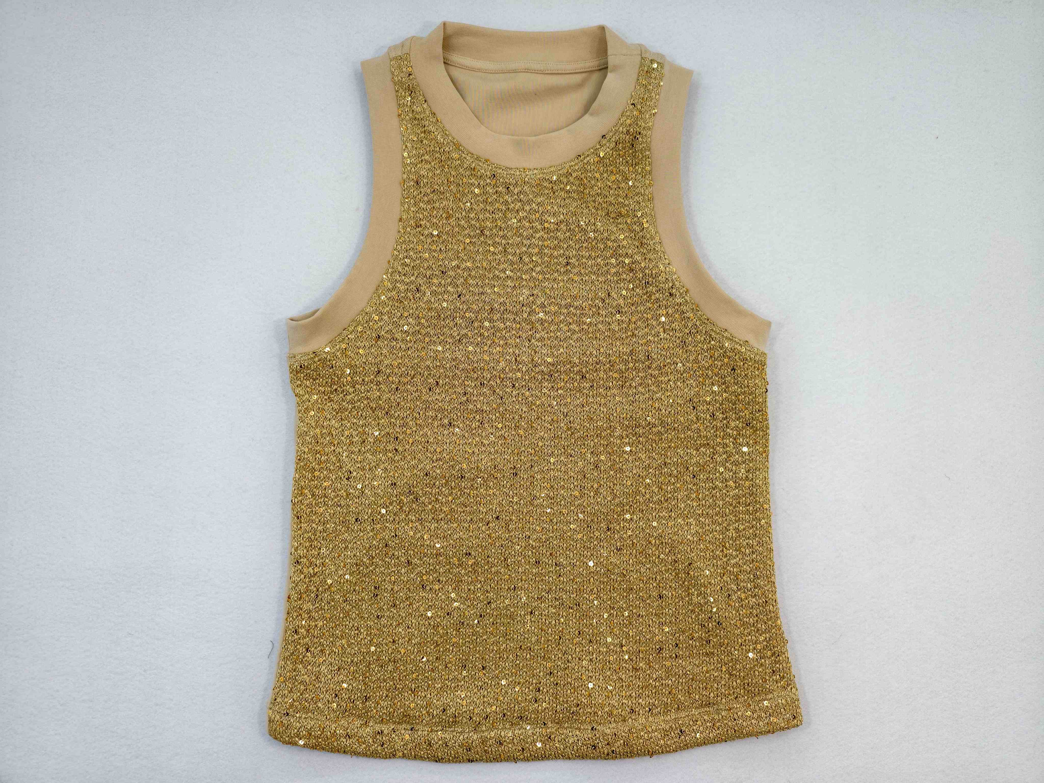 Gold sequin sleeveless tank top front and back views