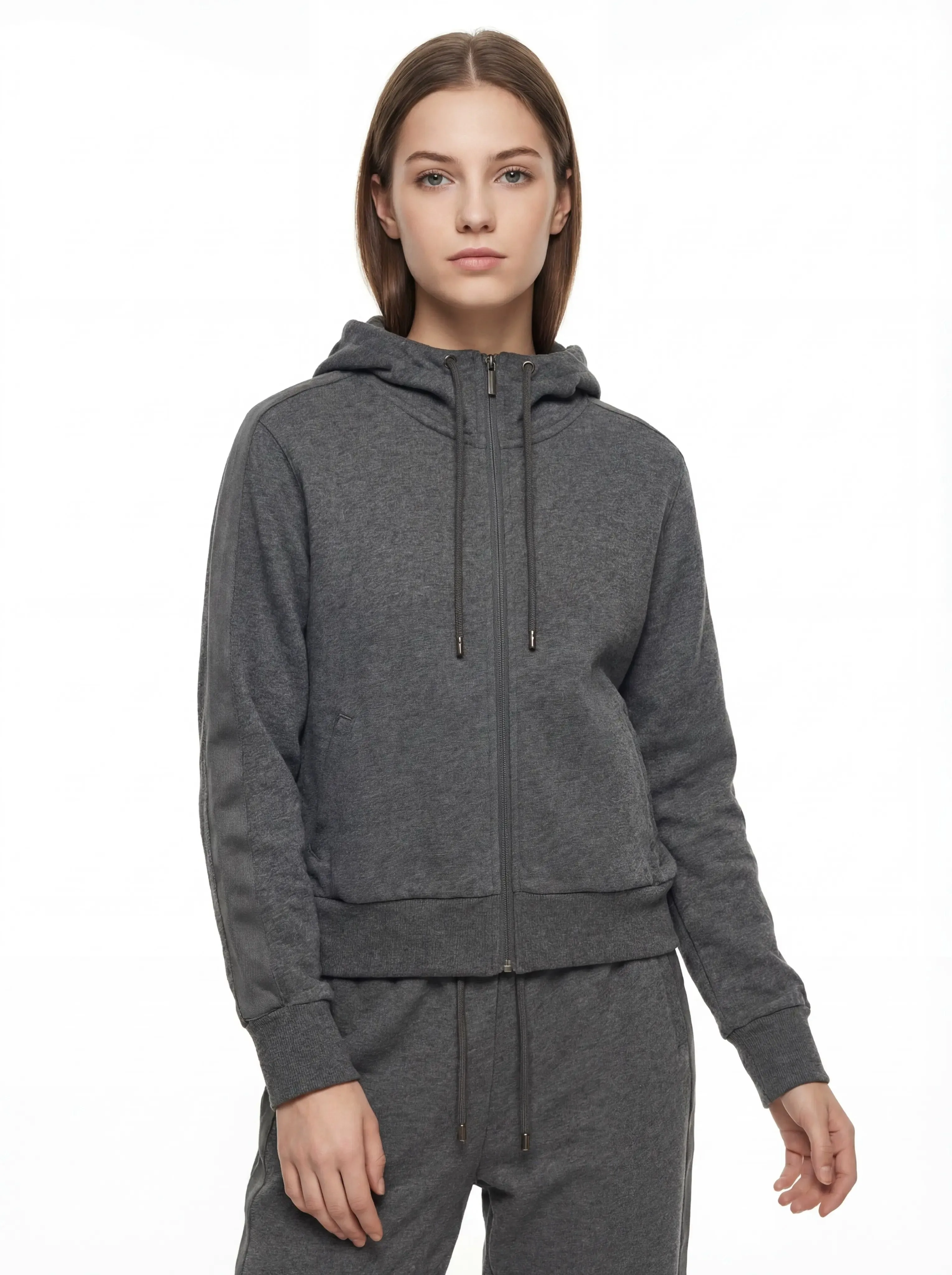 Grey brushed fleece zip hoodie front model view