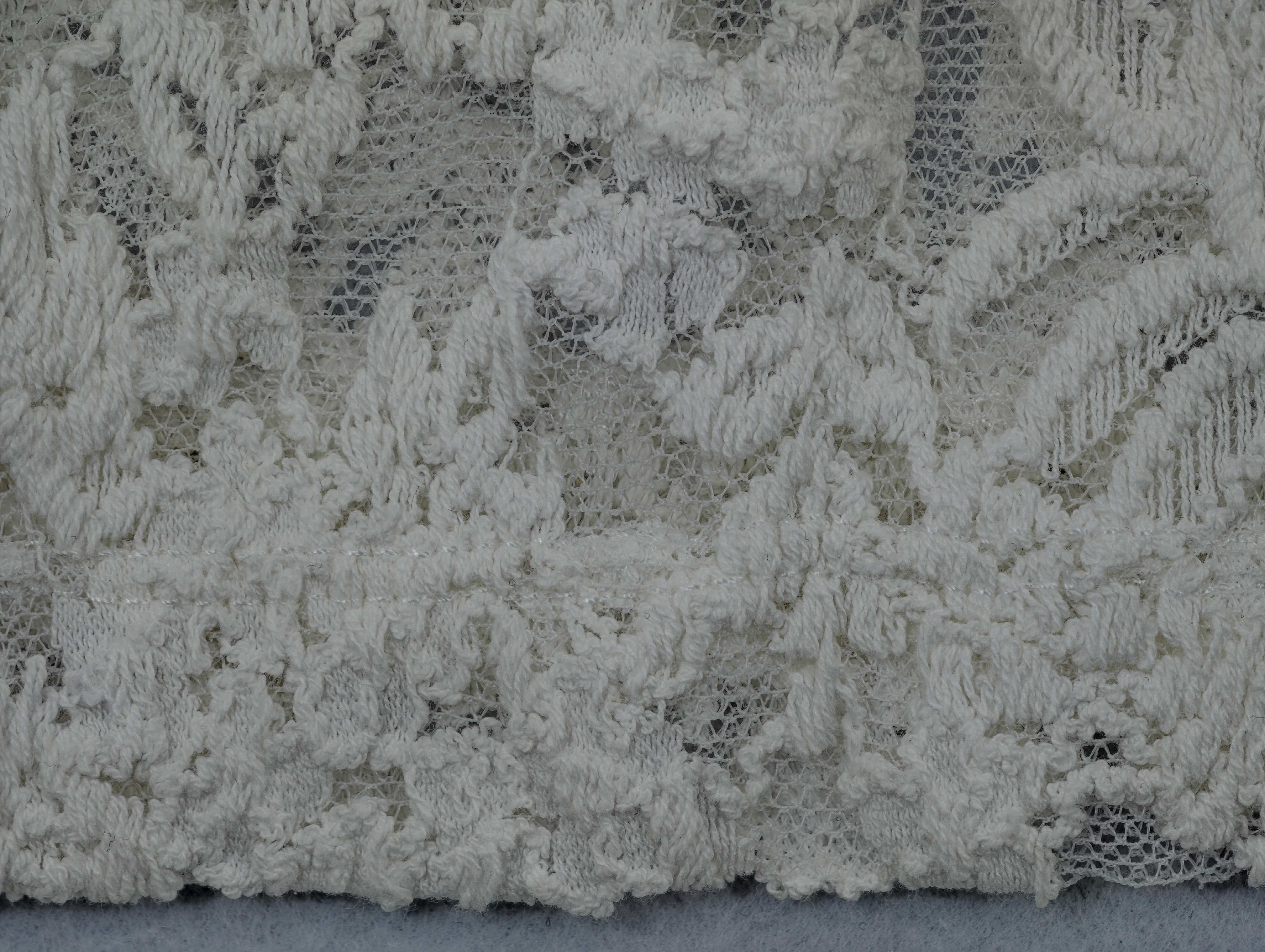 Close-up of textured botanical lace pattern and mesh