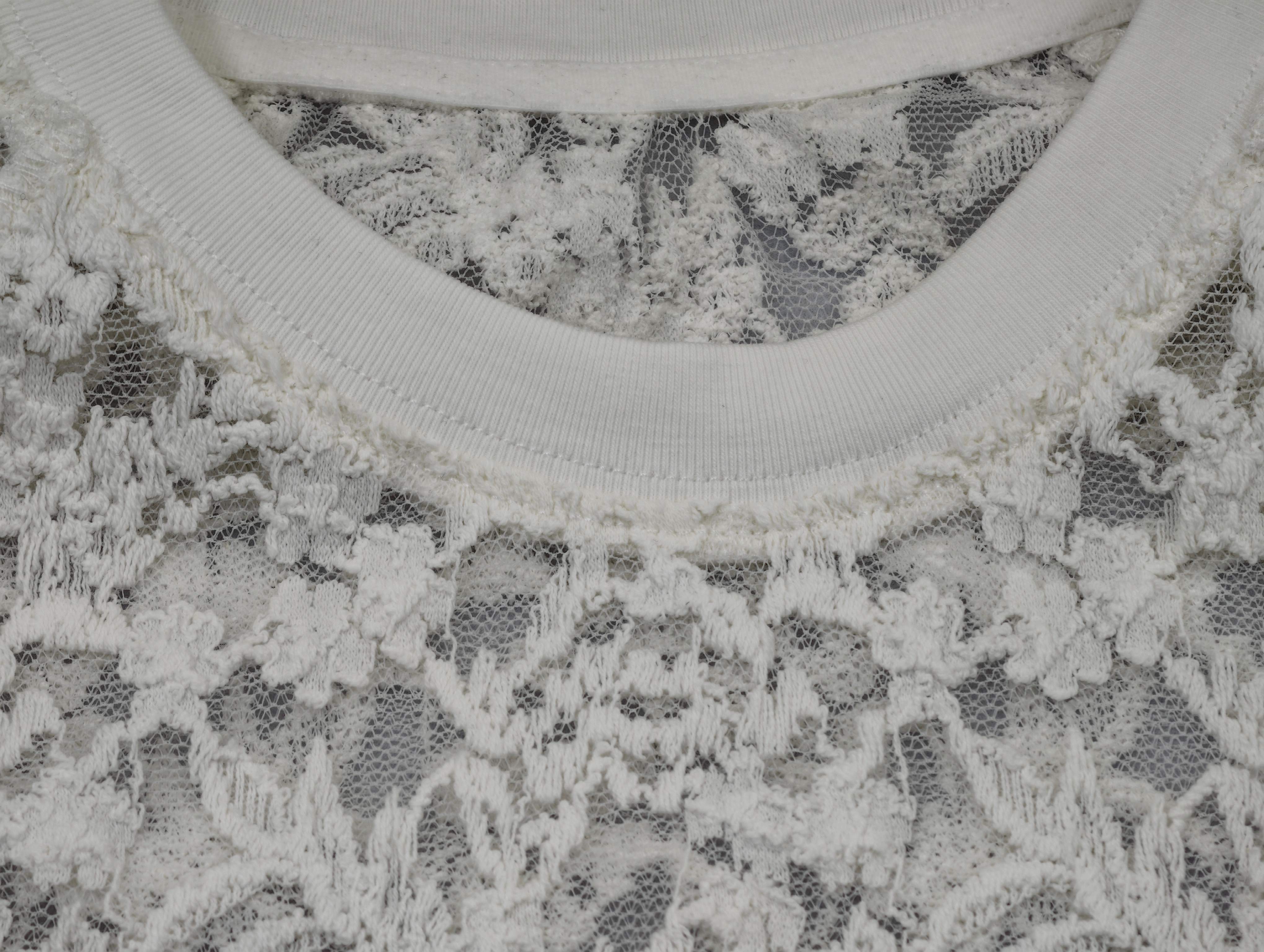 Solid rib crew neckline on cotton-nylon lace fabric