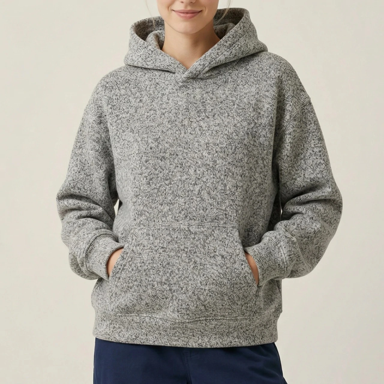Heathered wool-blend pullover hoodie front model view