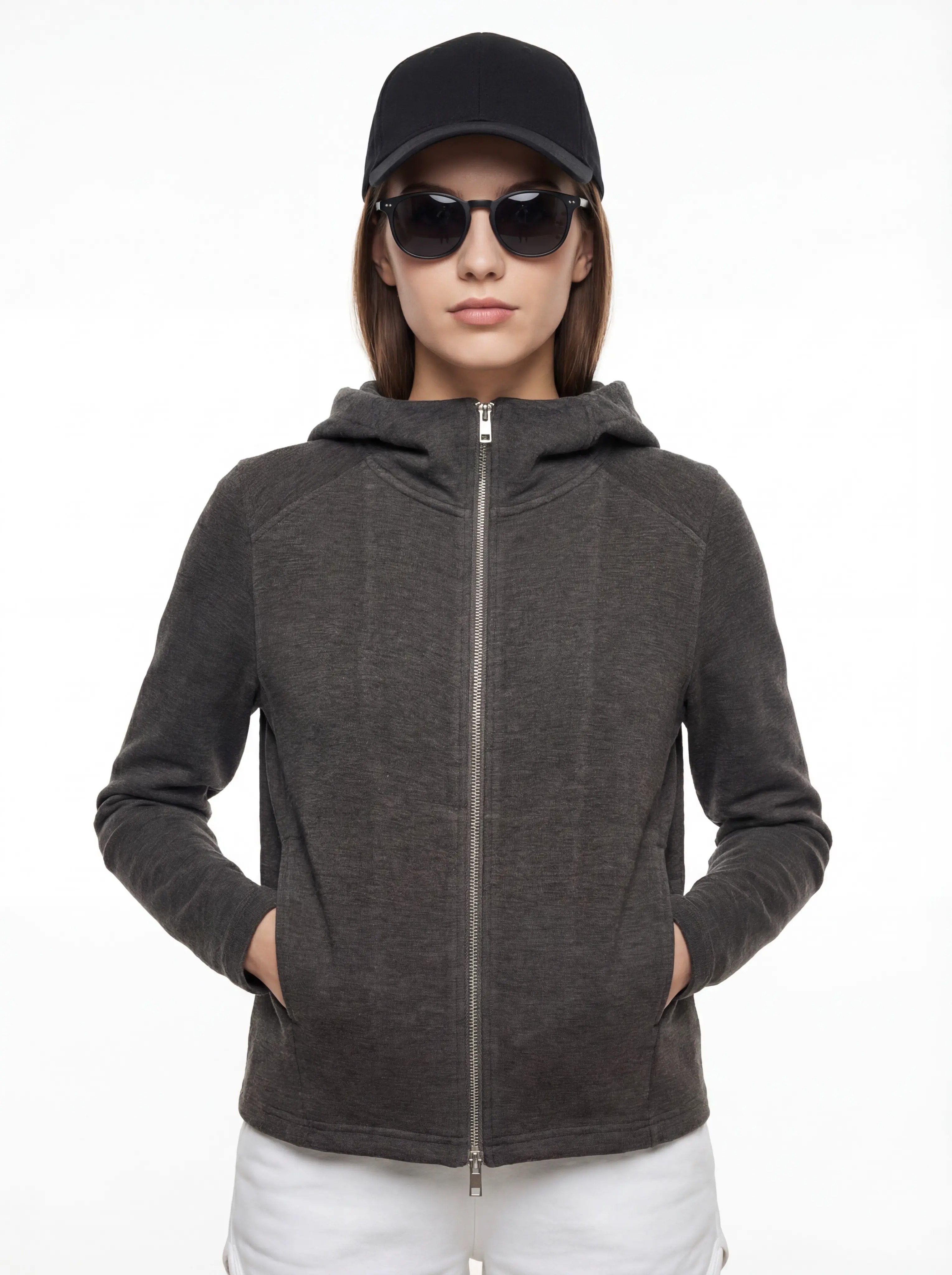 Charcoal stretch fleece hoodie front view for private label