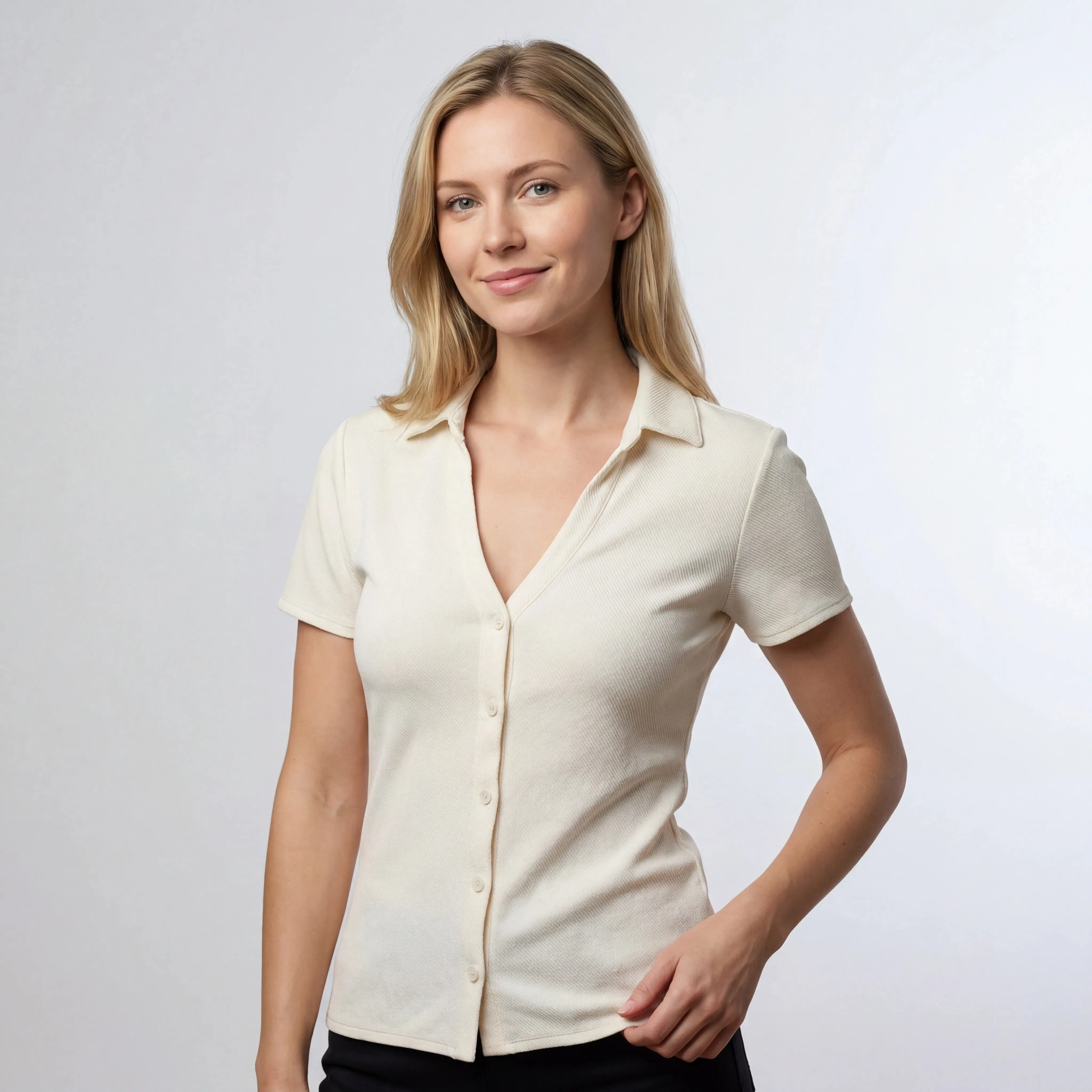 Ivory twill knit button shirt front view for custom production
