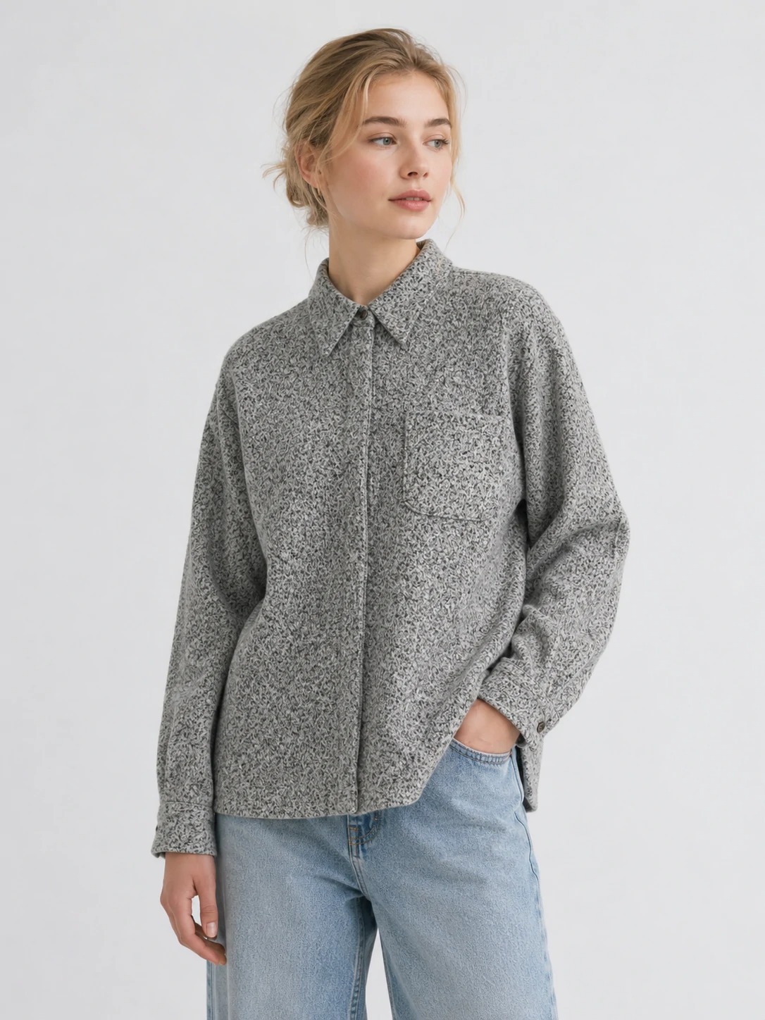 Grey textured wool-blend overshirt shown from front