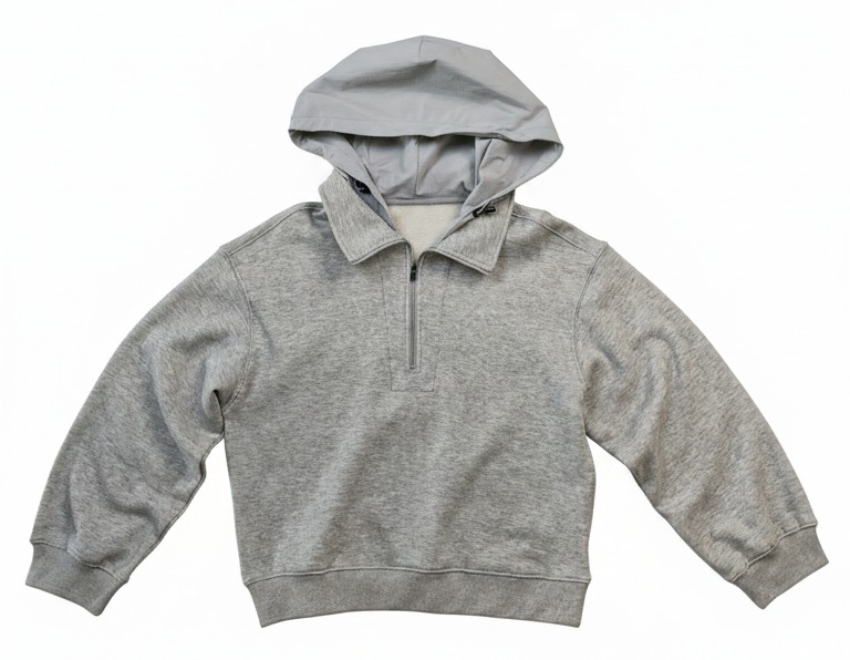 Flat front view with stretch hood and ribbed hem