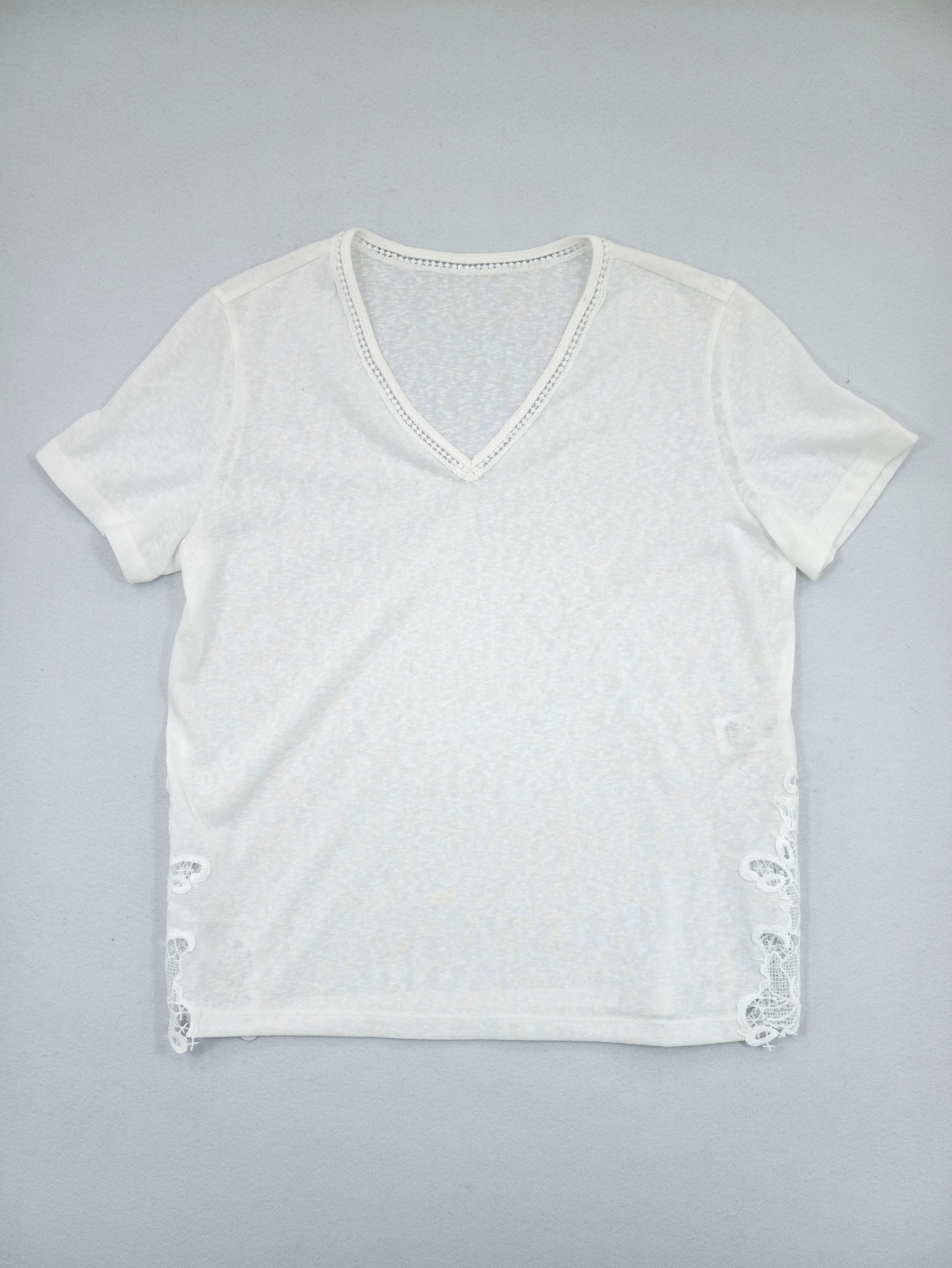 Ivory lace-trim V-neck T-shirt laid flat from front