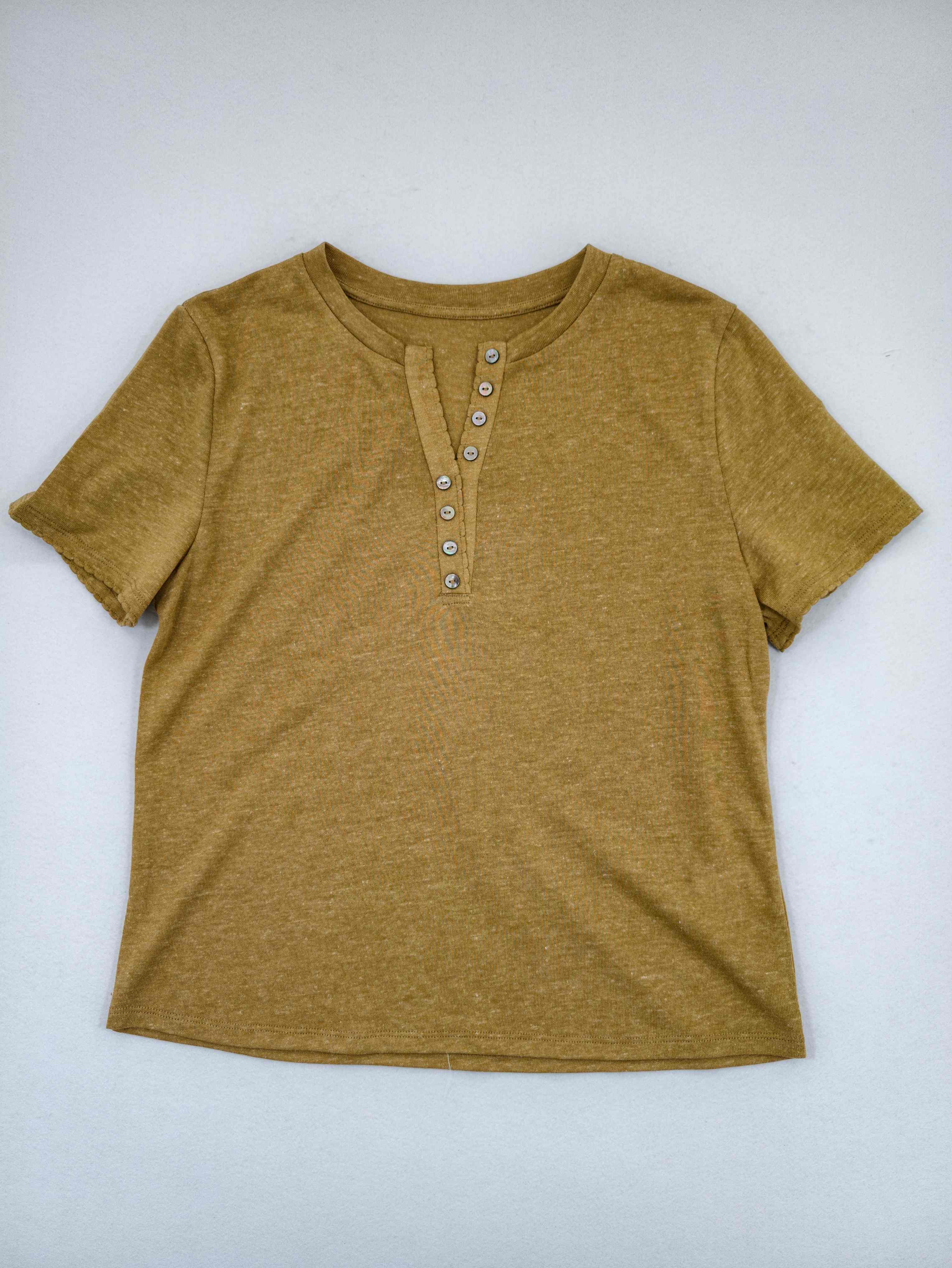 Mustard flax-blend Henley T-shirt laid flat from front