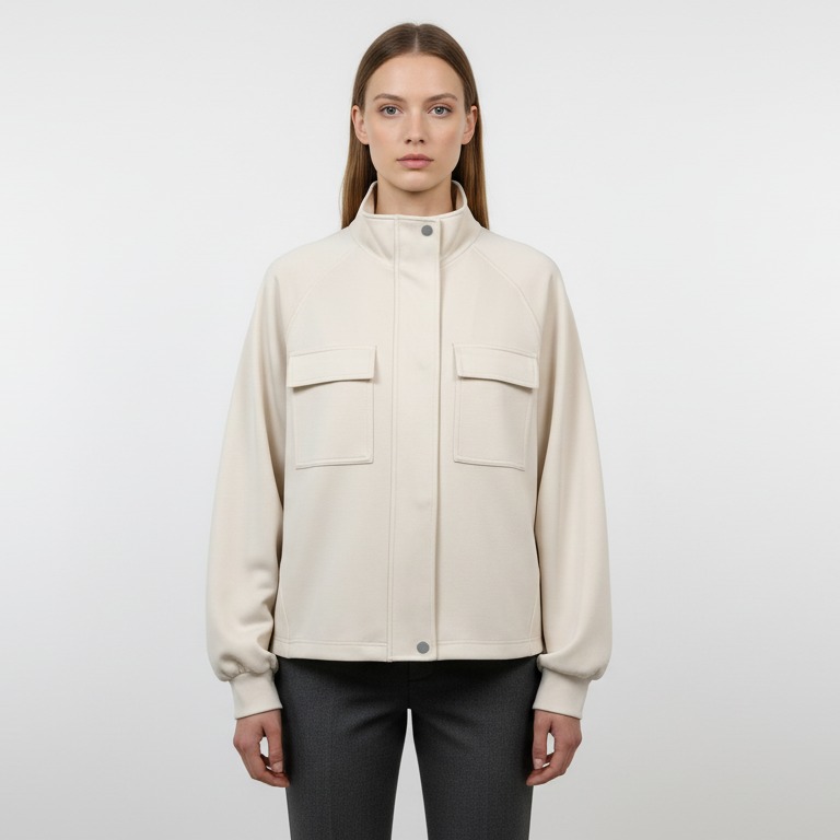 Sand-washed scuba utility jacket with concealed front placket