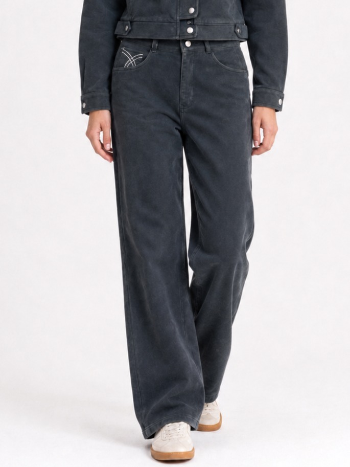 Front view of charcoal wide-leg pants with contrast embroidery