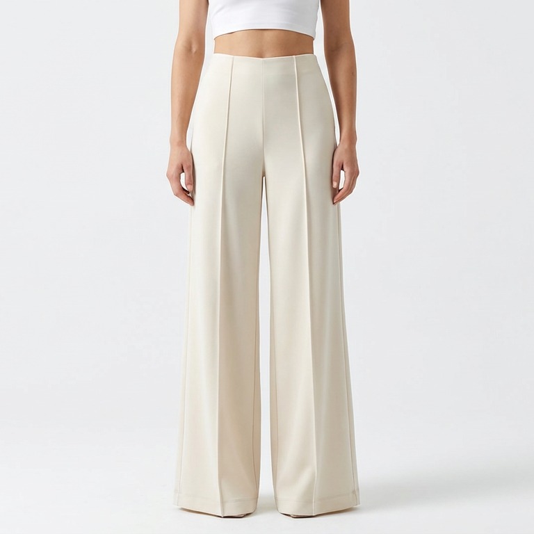 Ivory wide-leg pants front model view with pintucks