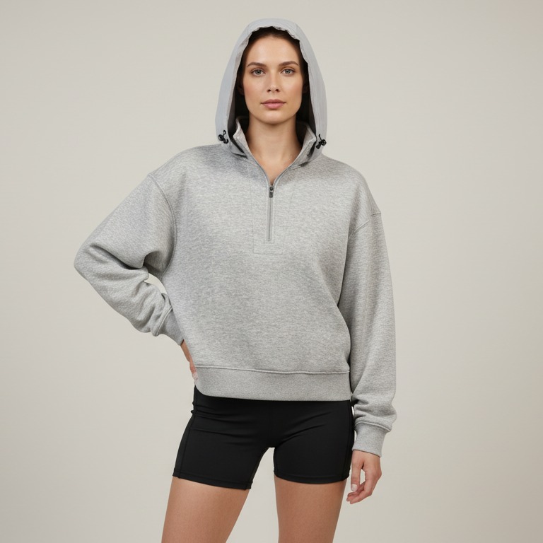 Mixed-material half-zip hoodie front view for private label brands