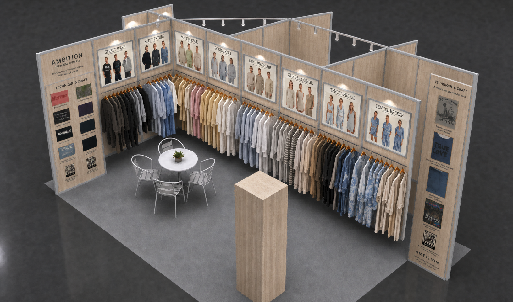 Ambition Garment trade show booth with apparel sample racks and collection posters