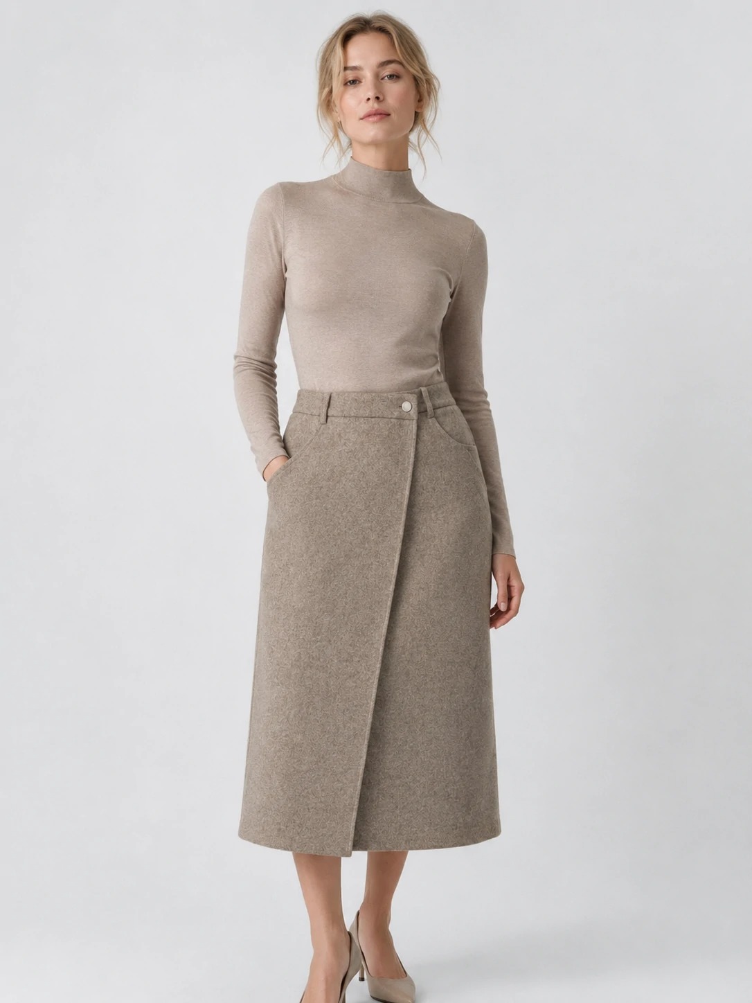 Women’s asymmetric wool-blend midi skirt front view