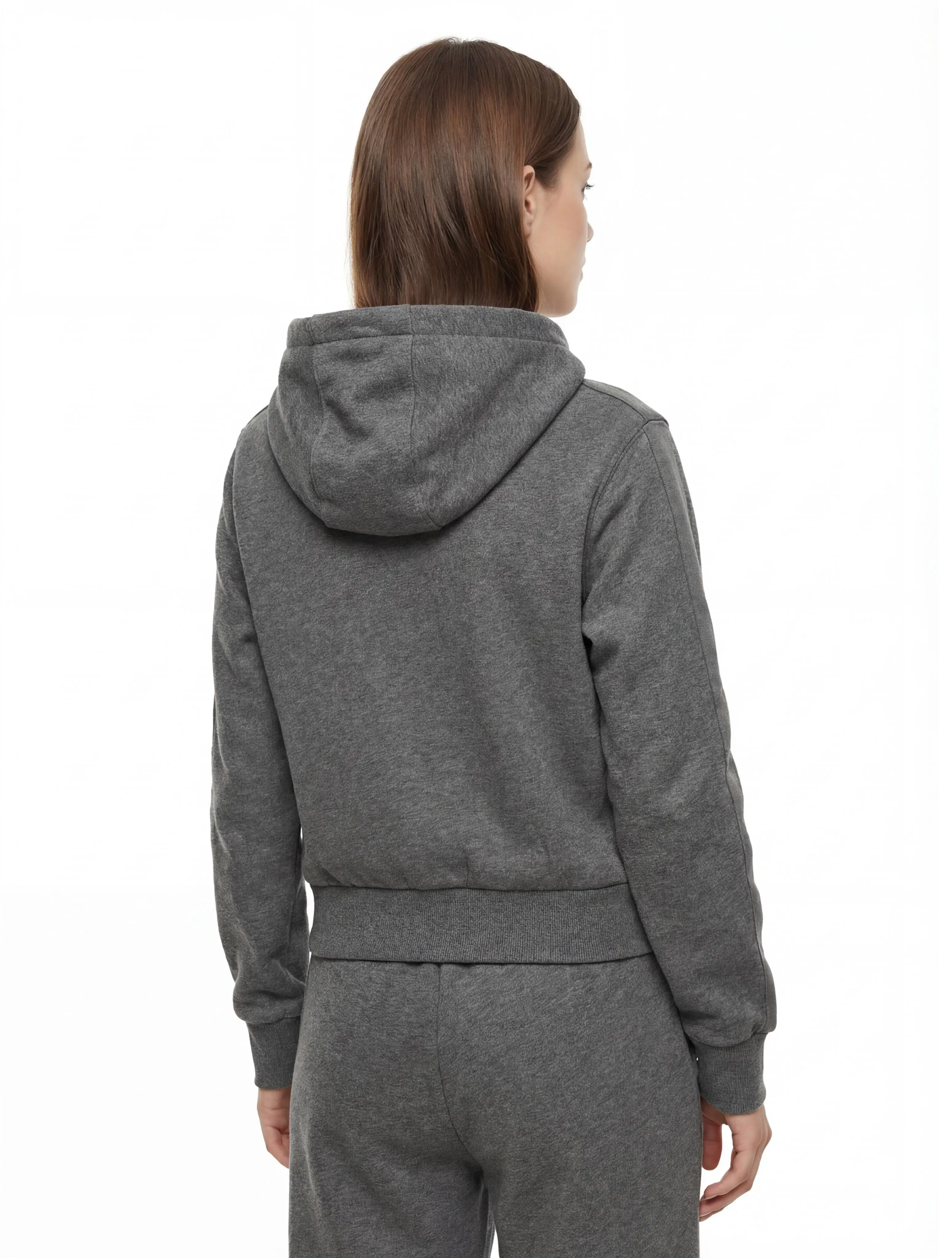 Back view with hood and ribbed hem
