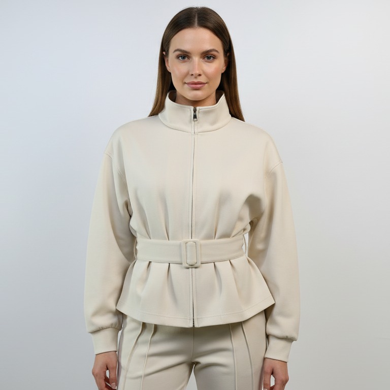 Ivory belted peplum jacket styled as a matching set