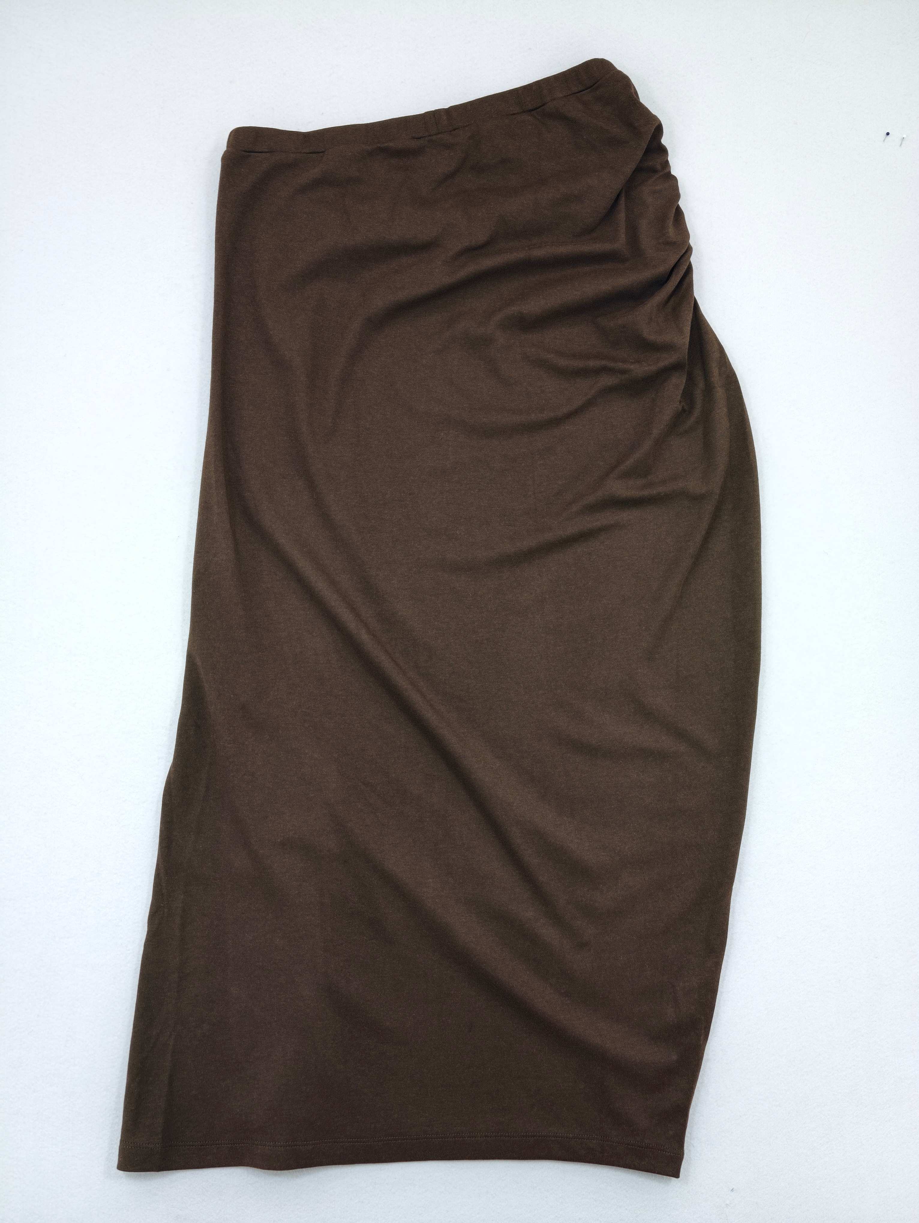 Brown modal-blend ruched midi skirt front flat view