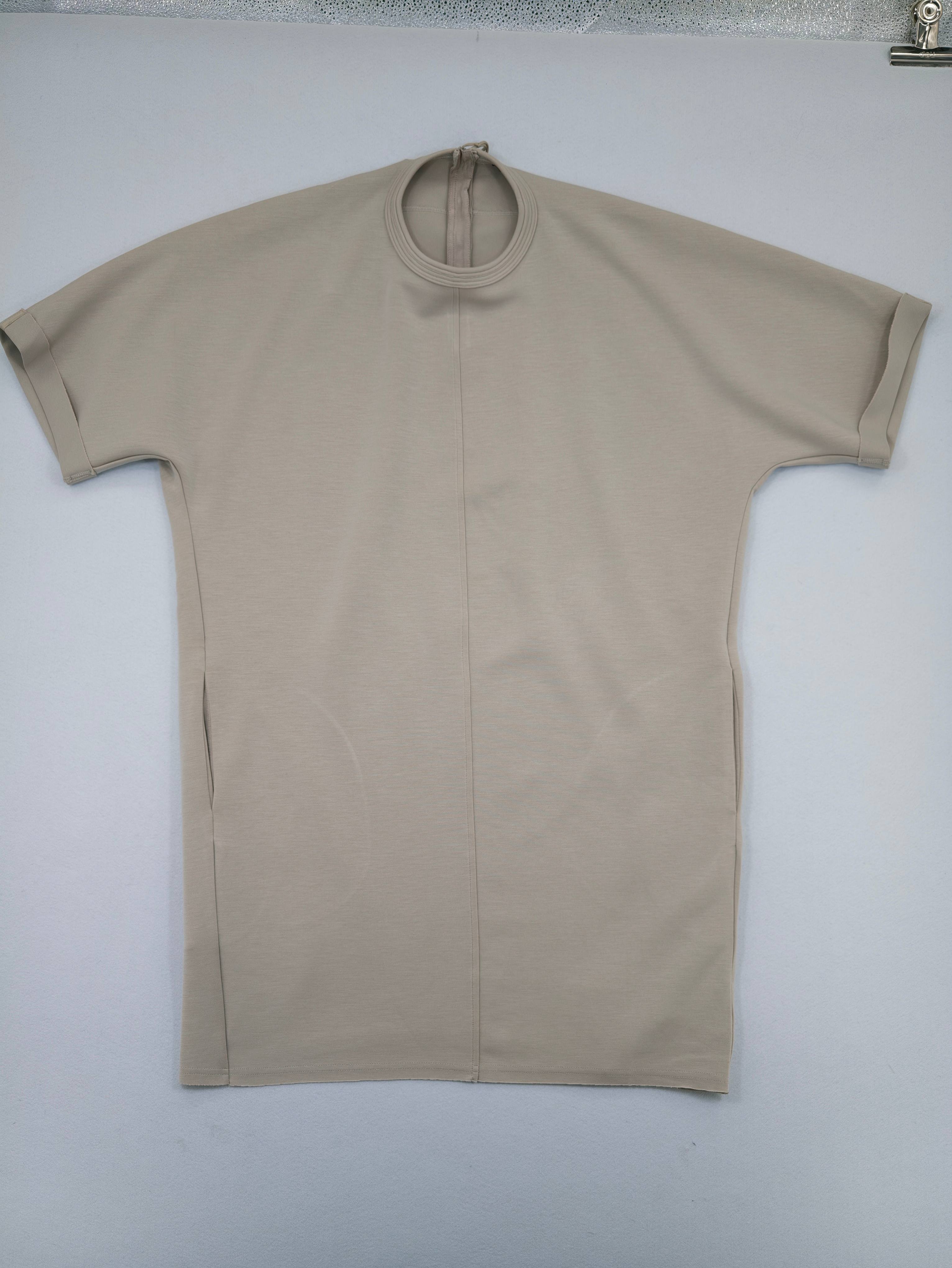 Beige scuba T-shirt dress with center-front seam