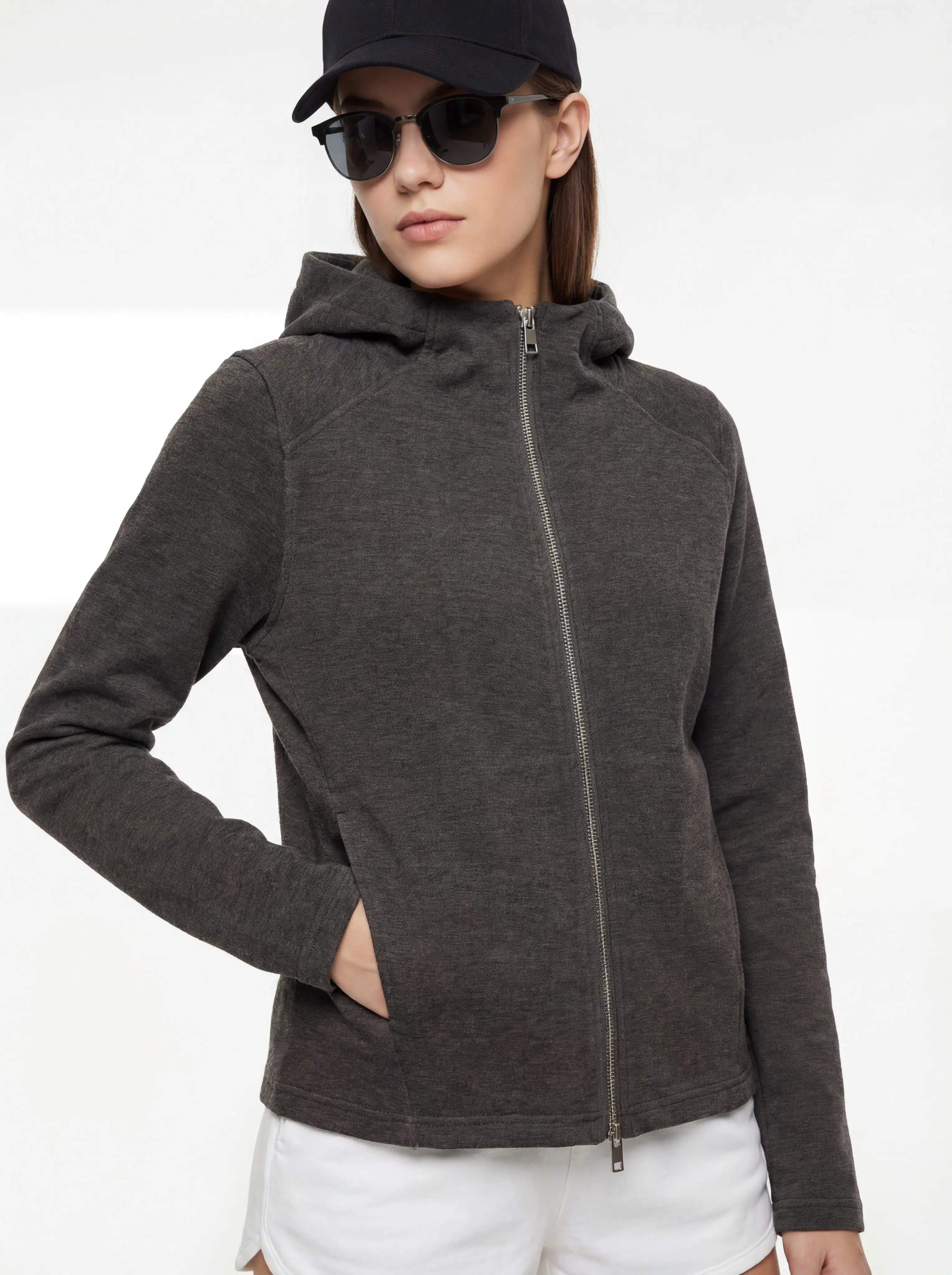 Three-quarter view of fitted two-way zip hoodie