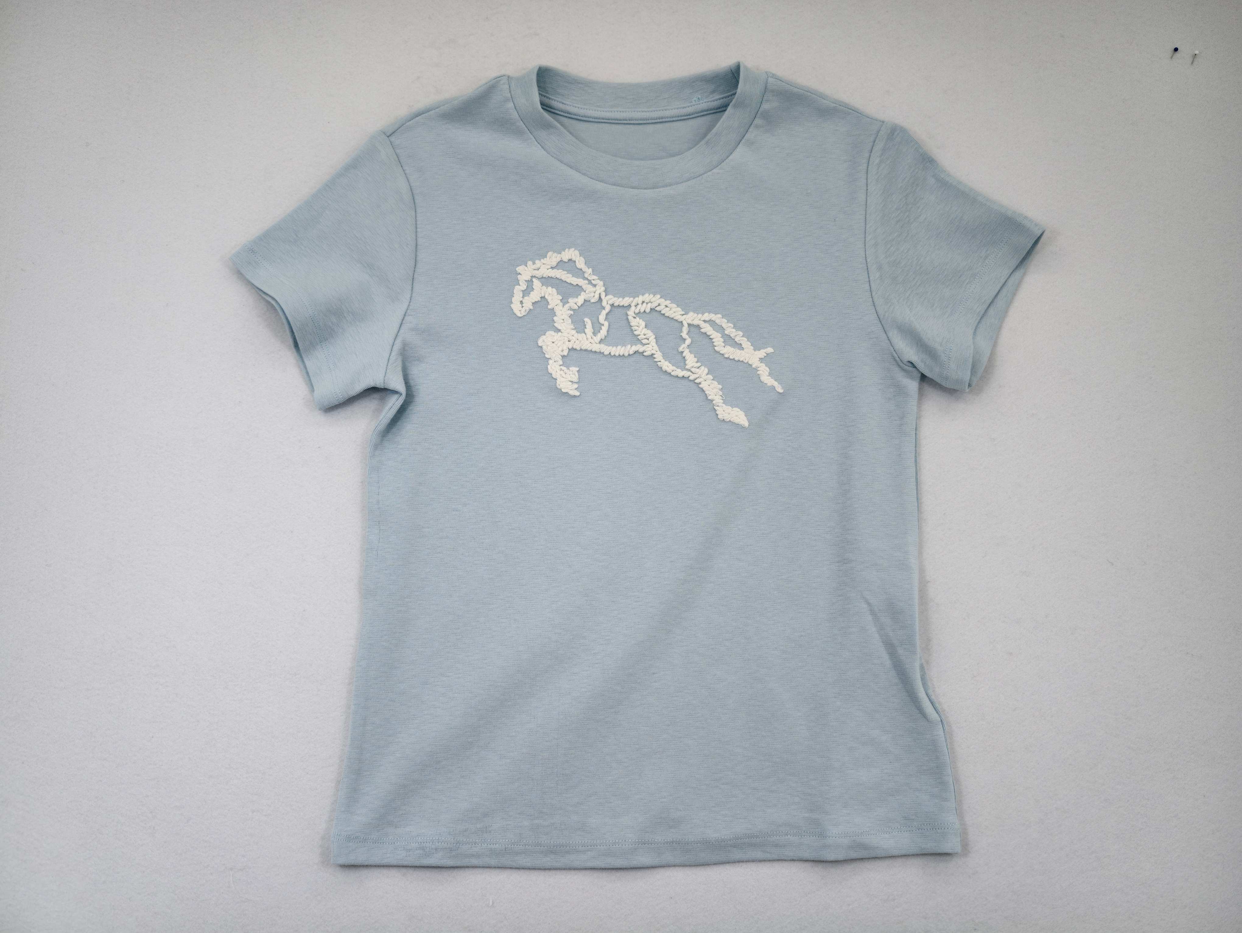 Light blue cotton-blend horse embroidery T-shirt front view