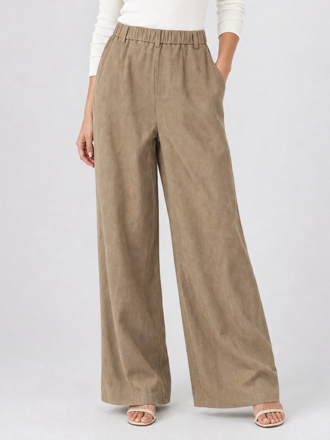 Women’s wide-leg pants with elastic waistband and suede-touch fabric