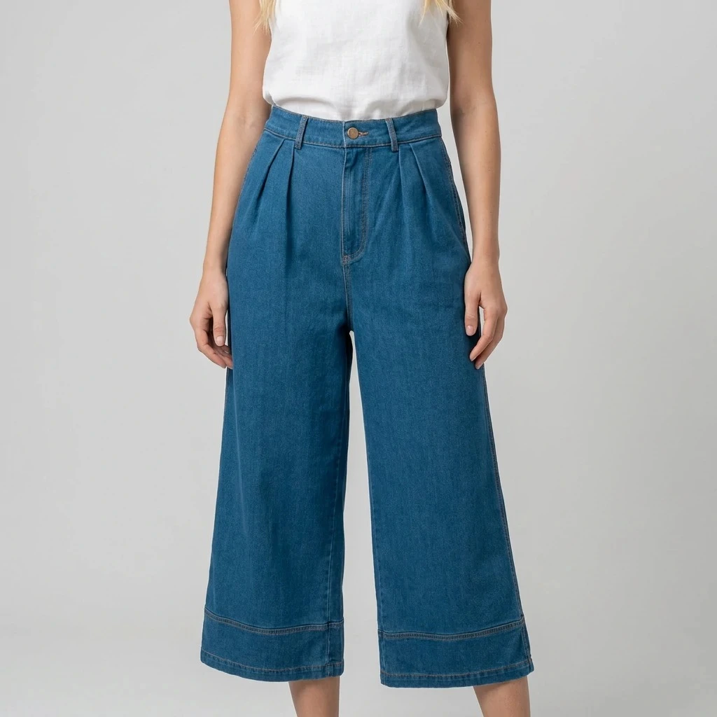 Lyocell denim culottes front view with pleated waist