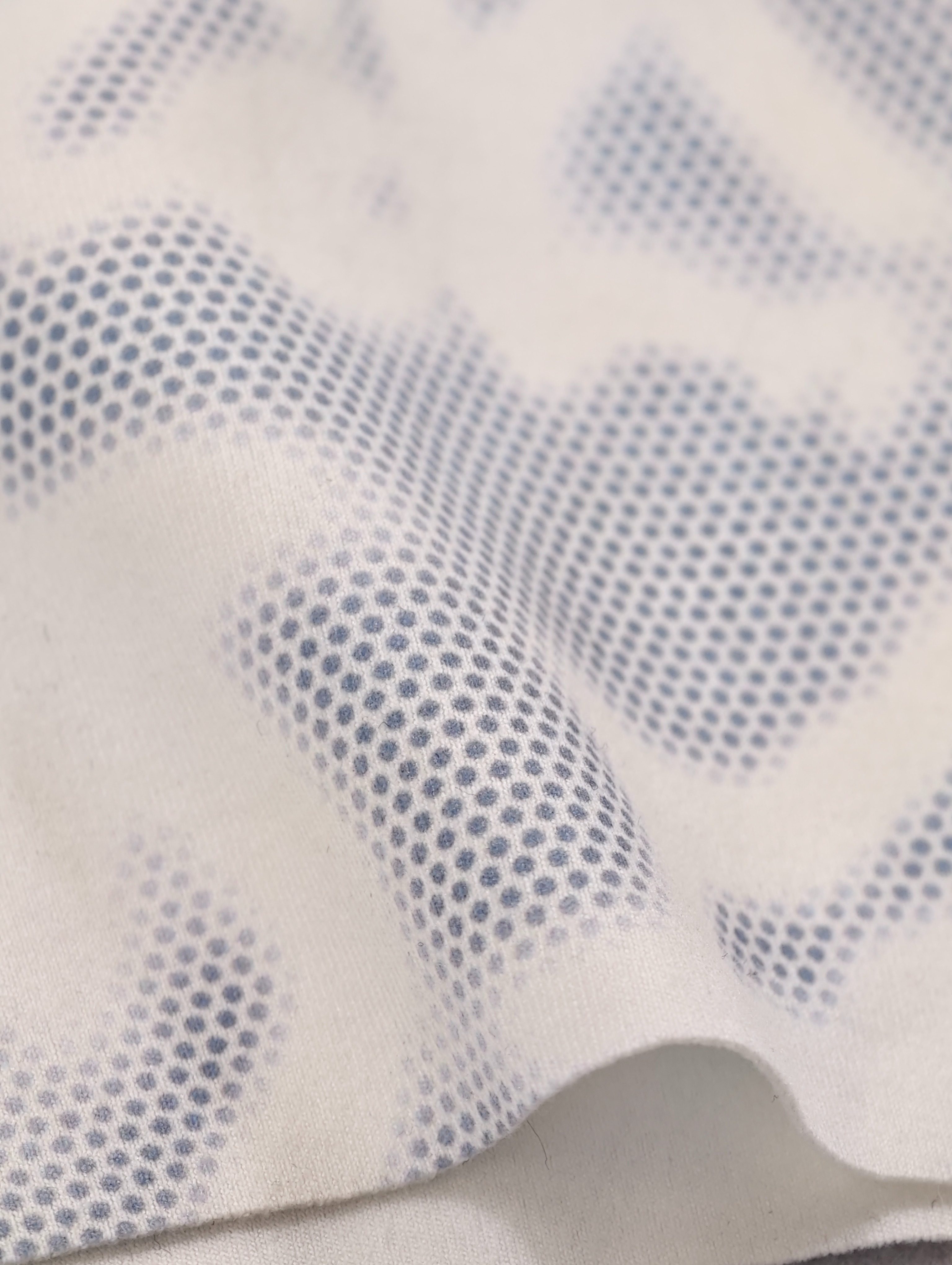 Close-up of soft blue abstract print stretch fabric