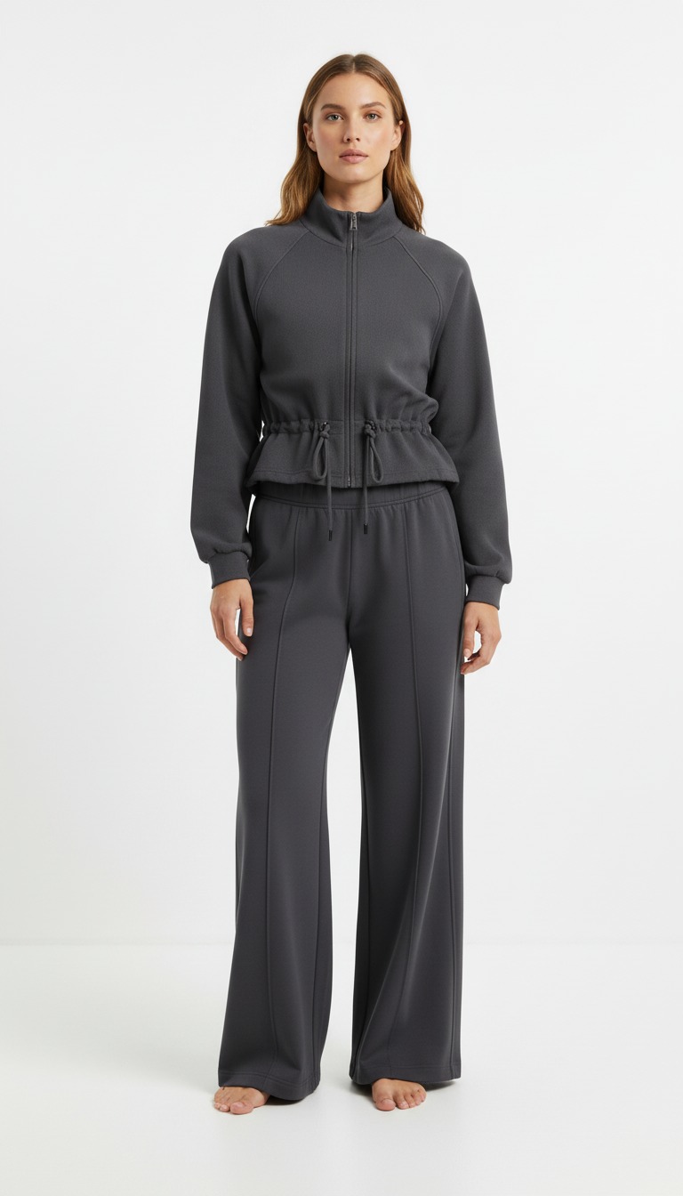 Charcoal ribbed scuba matching set on model