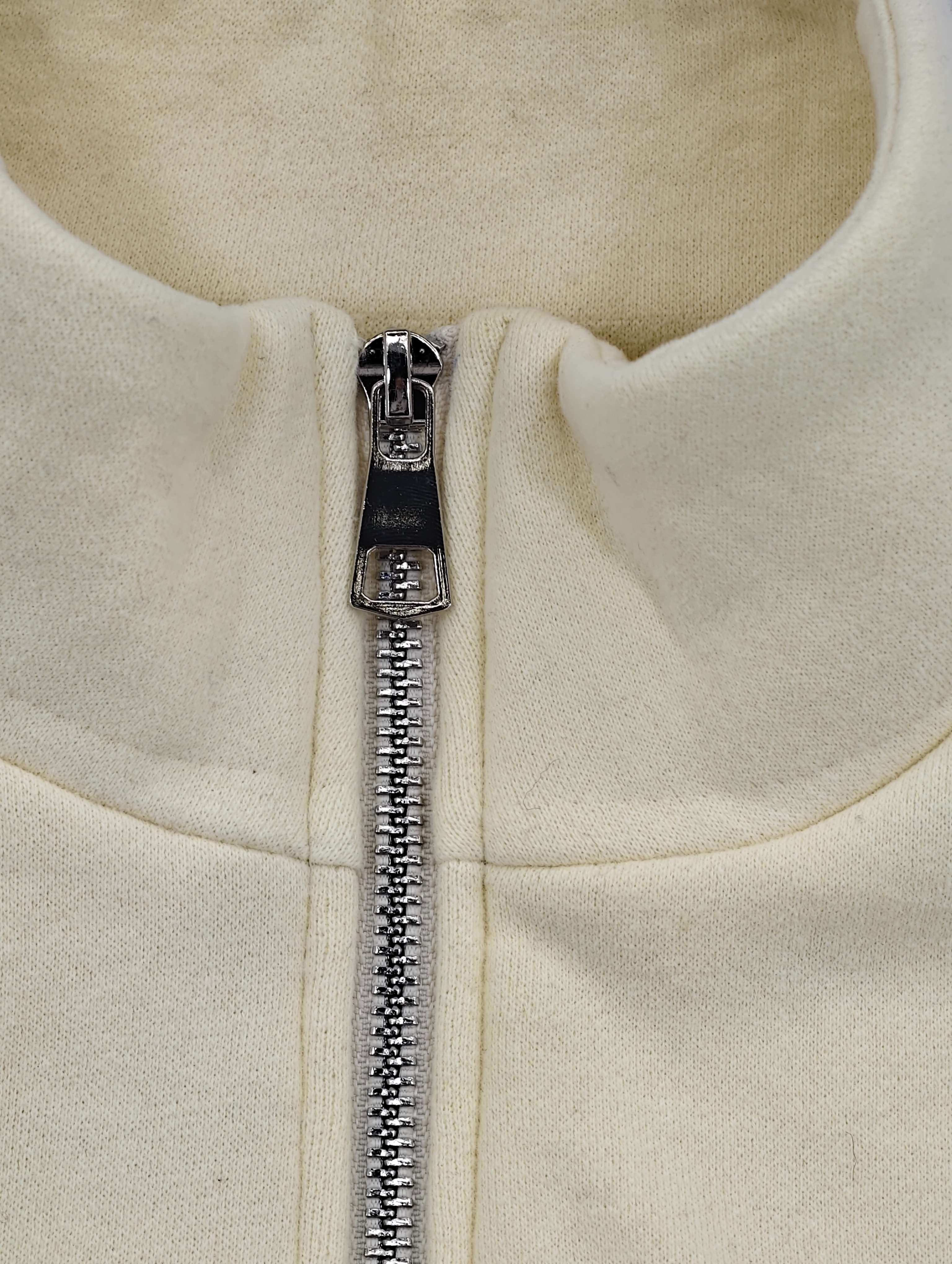 Stand collar and metal zipper fastening detail