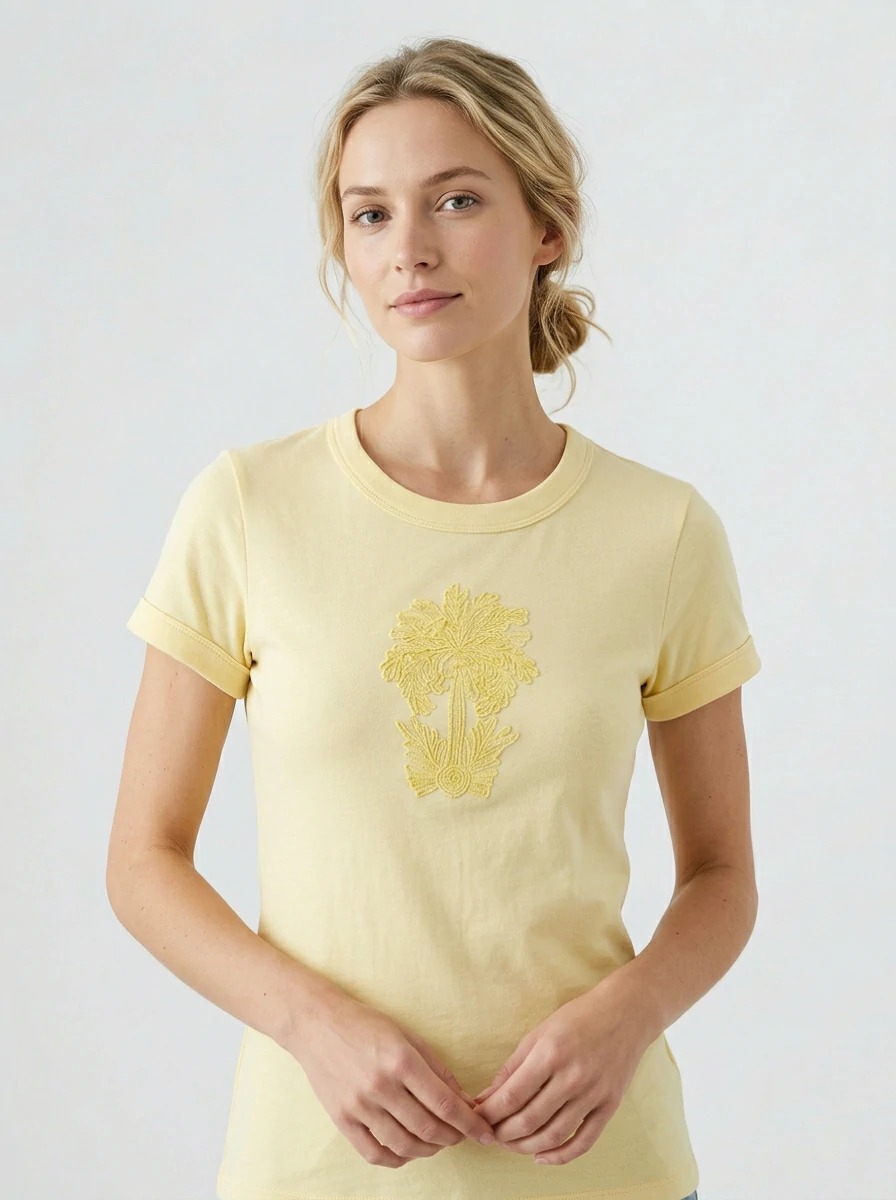 Yellow embroidered T-shirt shown from front