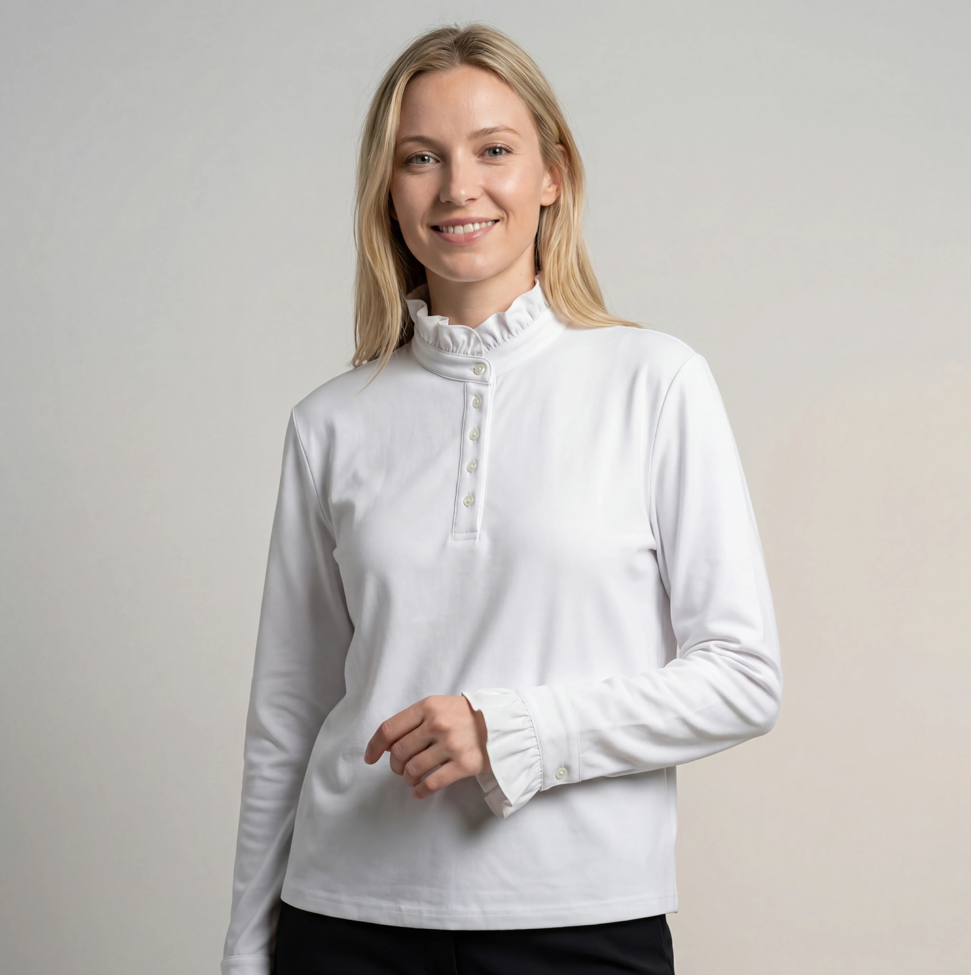 White ruffle-neck Henley top front view for OEM production