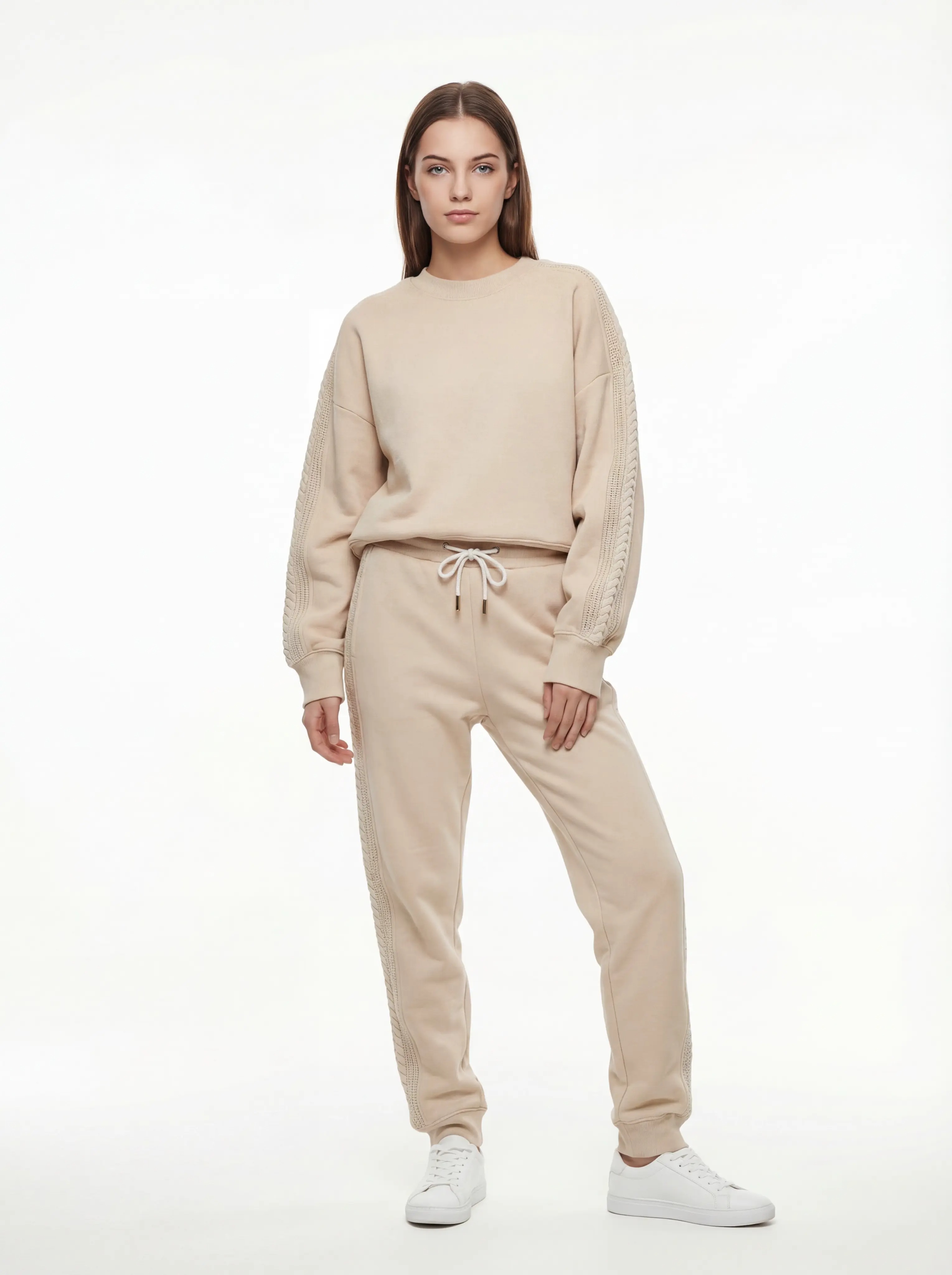 Cable-panel fleece sweatshirt and joggers front model view