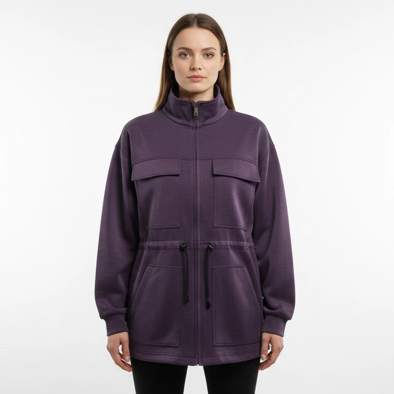 Purple sand-washed scuba utility jacket with adjustable waist